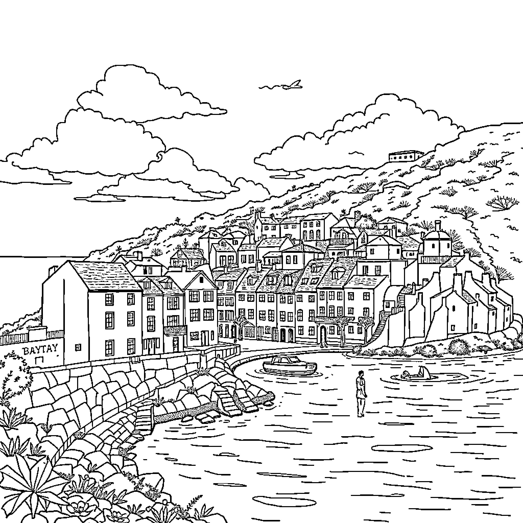 Bray's Picturesque Coastal Village Coloring Page (free black-and-white line drawing printable PDF for all, from beginners to advanced learners, including children, teens, adults, and seniors)