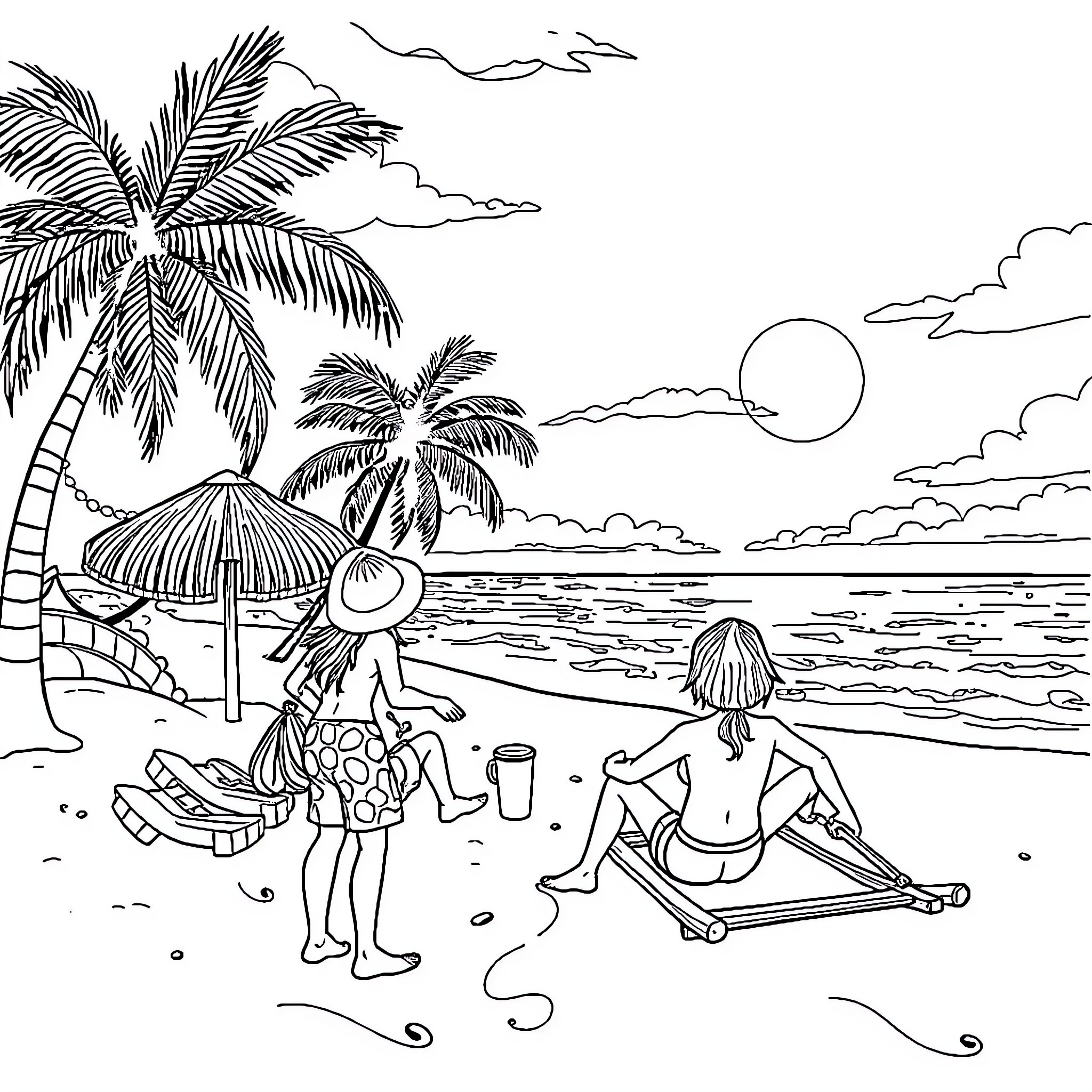 Beach Scene with Beachgoers Relaxing and Enjoying the Sunny Day Coloring Page (free black-and-white line drawing printable PDF for all, from beginners to advanced learners, including children, teens, adults, and seniors)