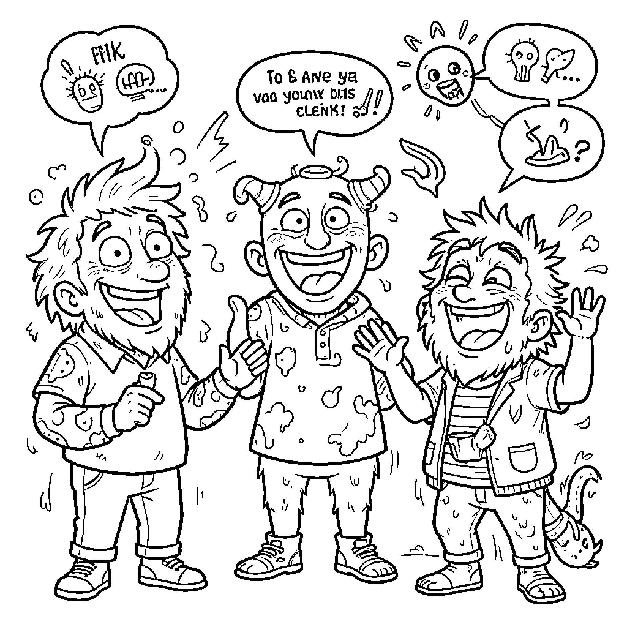 Brainrot characters making silly faces and cheering Coloring Page (free black-and-white line drawing printable PDF for all, from beginners to advanced learners, including children, teens, adults, and seniors)