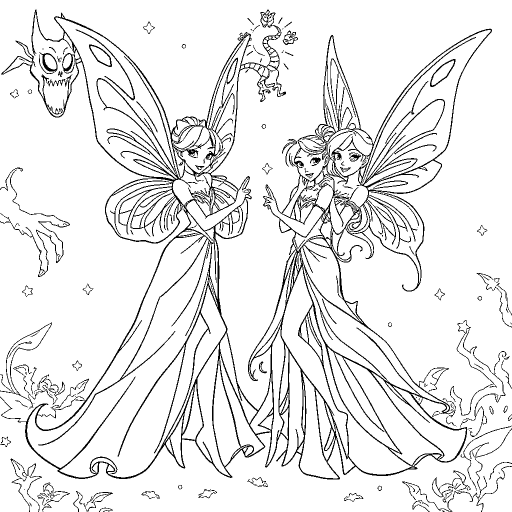 Winx Fairies in Magical Realm Coloring Page (free black-and-white line drawing printable PDF for all, from beginners to advanced learners, including children, teens, adults, and seniors)