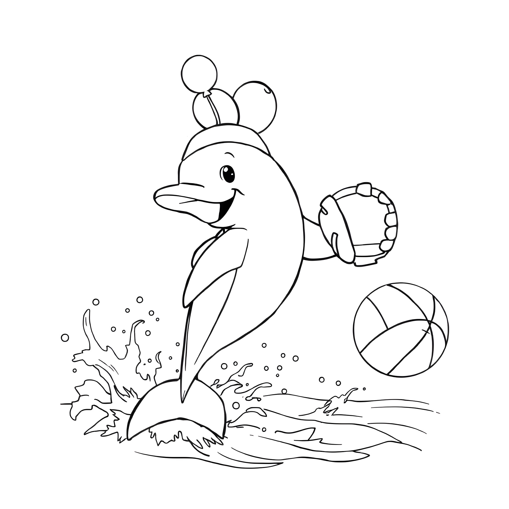 Dolphin playing with beach ball in the water Coloring Page (free black-and-white line drawing printable PDF for all, from beginners to advanced learners, including children, teens, adults, and seniors)
