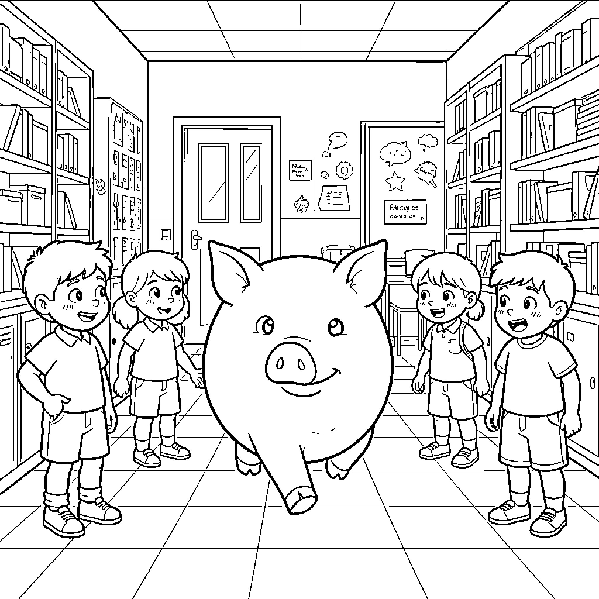 Cochon walking through a library with happy children Coloring Page (free black-and-white line drawing printable PDF for all, from beginners to advanced learners, including children, teens, adults, and seniors)