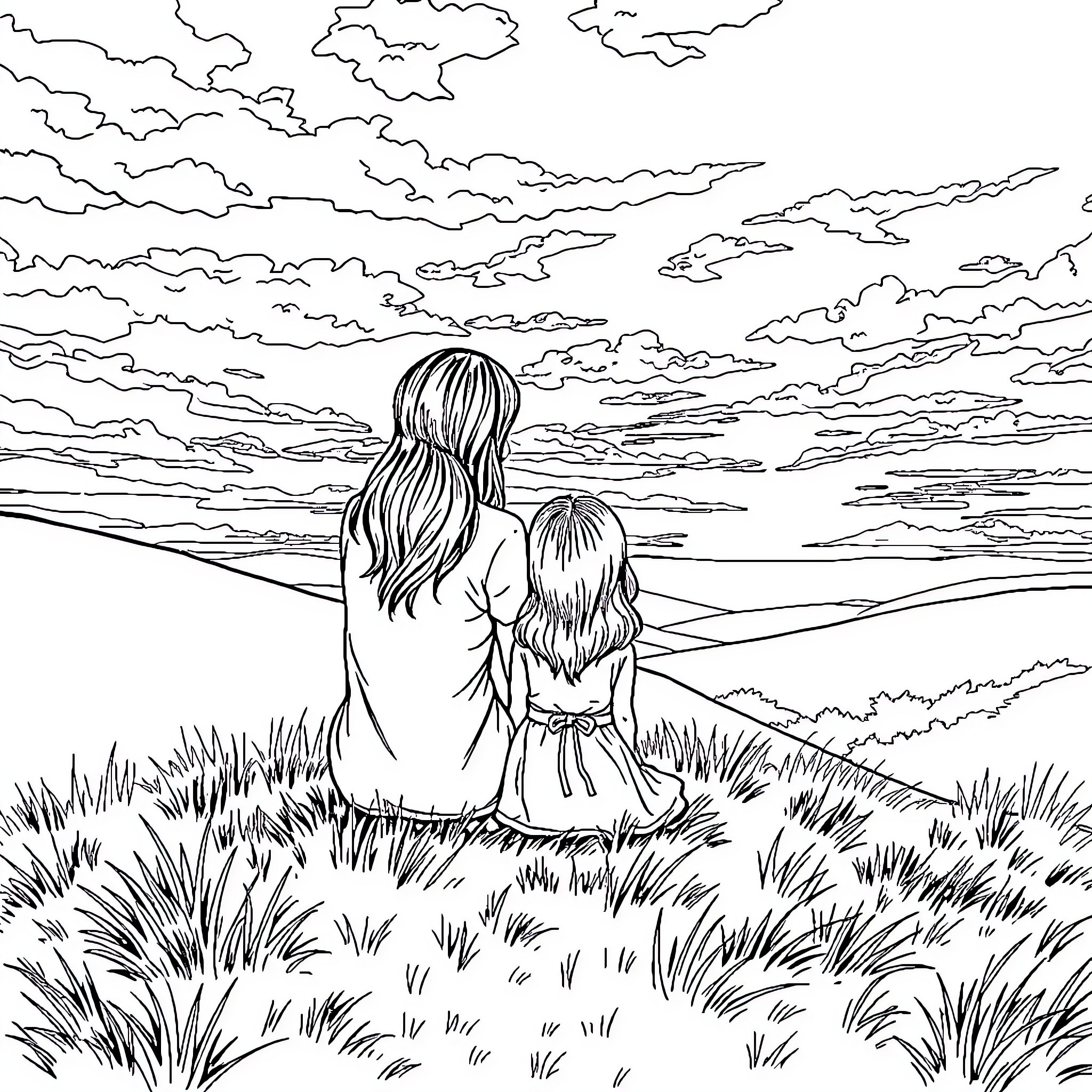 Mother and child watching the sunset together Coloring Page (free black-and-white line drawing printable PDF for all, from beginners to advanced learners, including children, teens, adults, and seniors)
