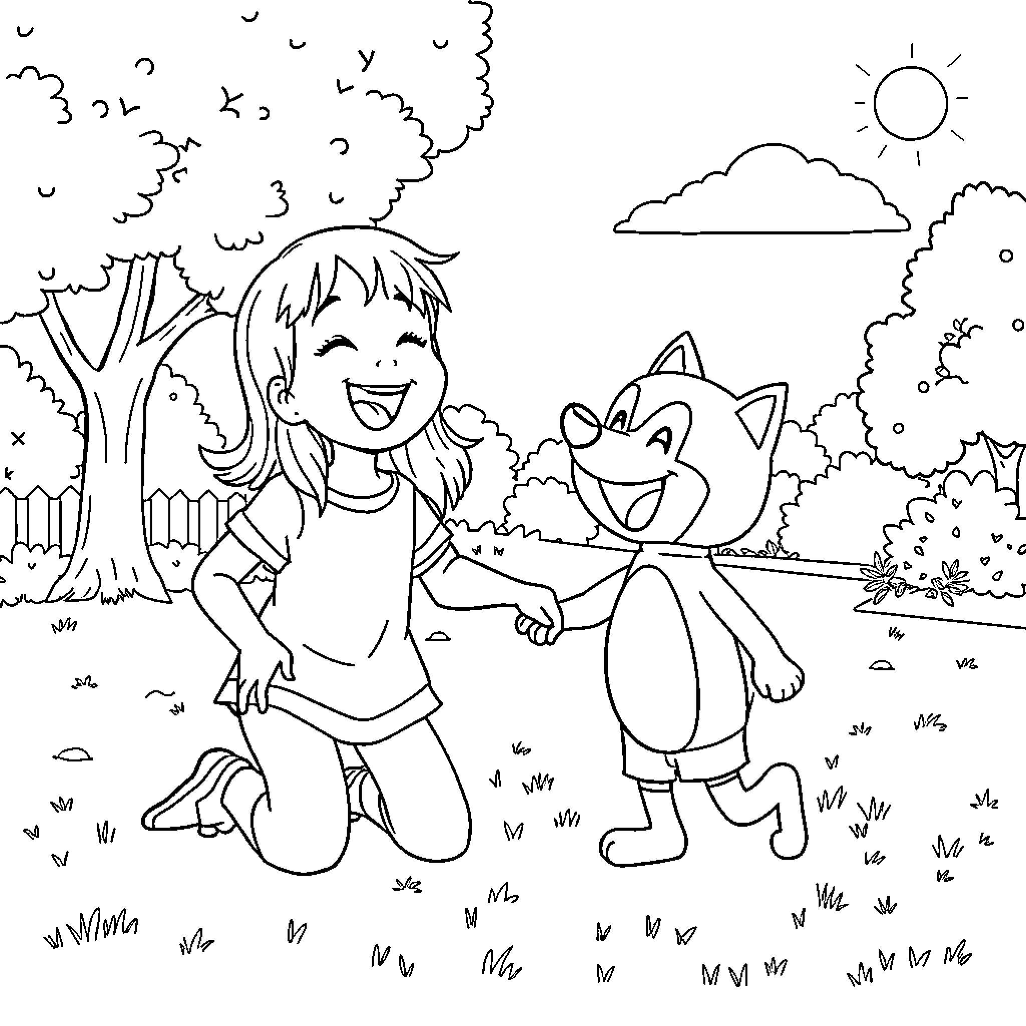 Topi characters playing in the park Coloring Page (free black-and-white line drawing printable PDF for all, from beginners to advanced learners, including children, teens, adults, and seniors)