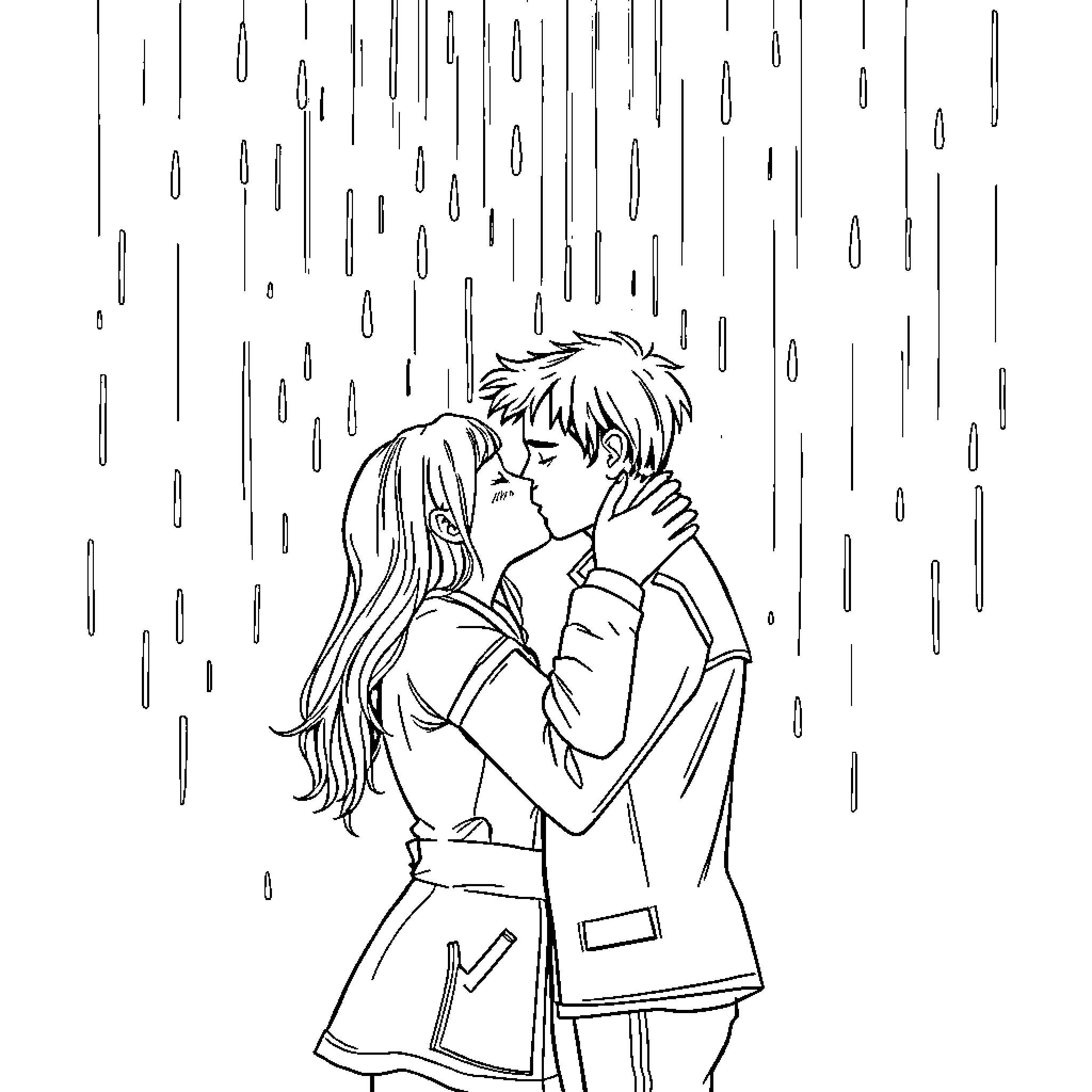 Kiss in the rain Coloring Page (free black-and-white line drawing printable PDF for all, from beginners to advanced learners, including children, teens, adults, and seniors)