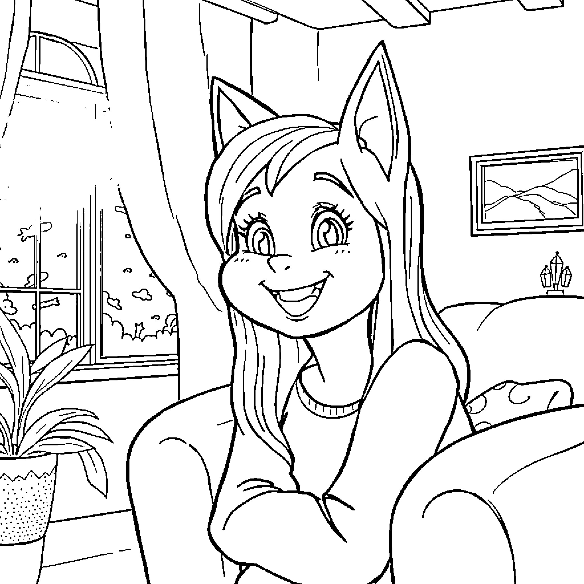 Brooke Monk enjoying herself in a cozy indoor setting Coloring Page (free black-and-white line drawing printable PDF for all, from beginners to advanced learners, including children, teens, adults, and seniors)