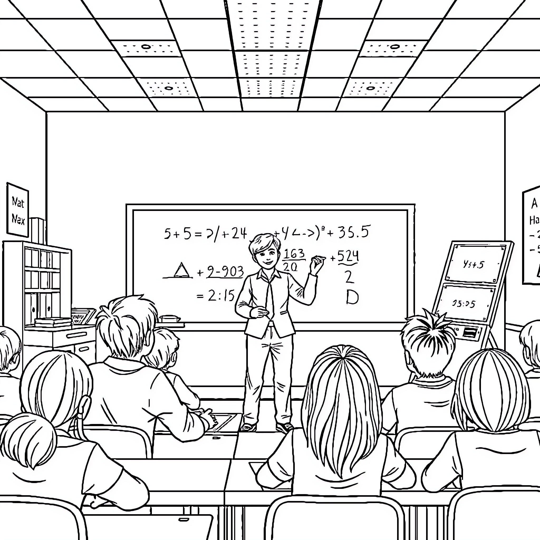 Teacher explaining math equations to students in classroom Coloring Page (free black-and-white line drawing printable PDF for all, from beginners to advanced learners, including children, teens, adults, and seniors)