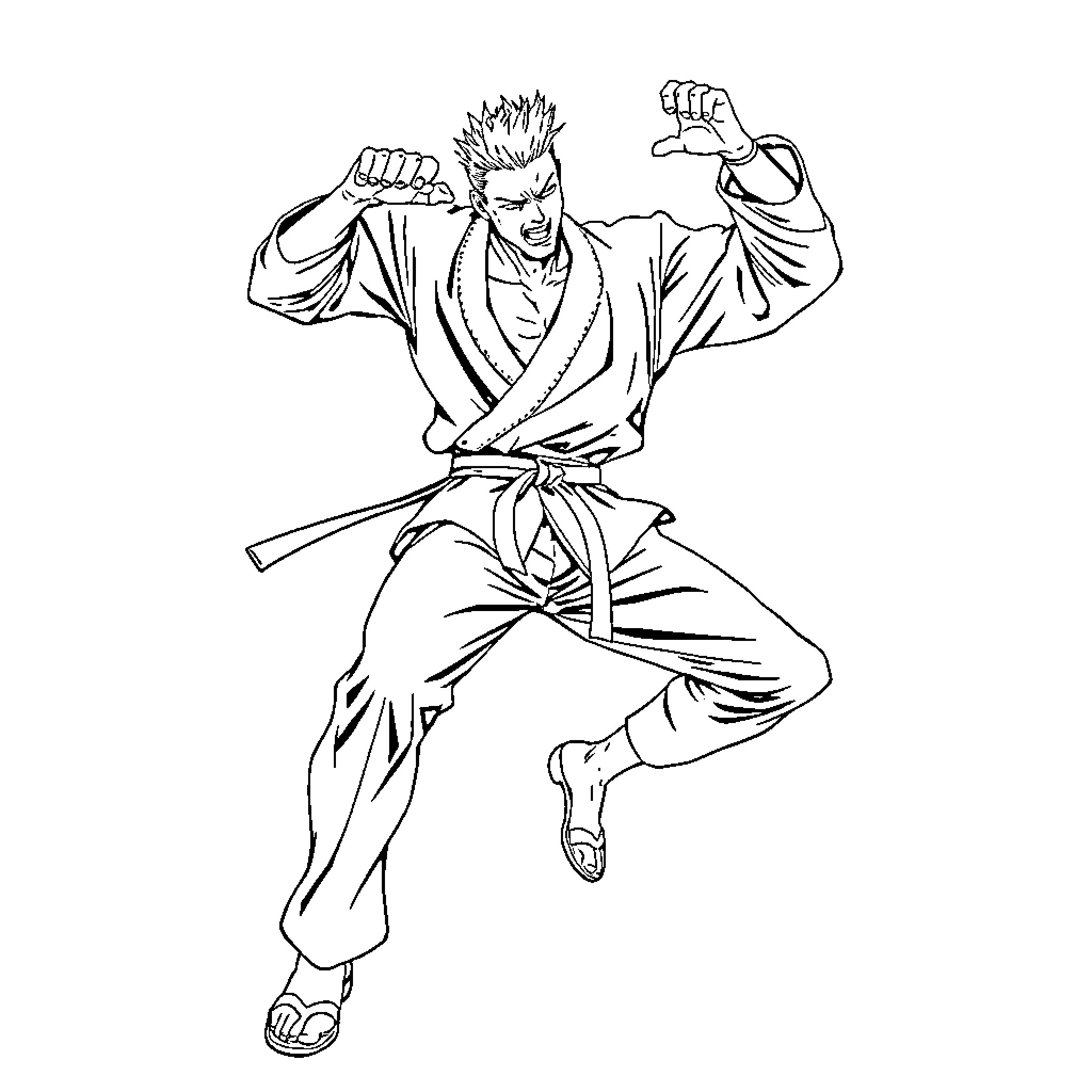 Gojo in Fierce Fighting Pose Coloring Page (free black-and-white line drawing printable PDF for all, from beginners to advanced learners, including children, teens, adults, and seniors)