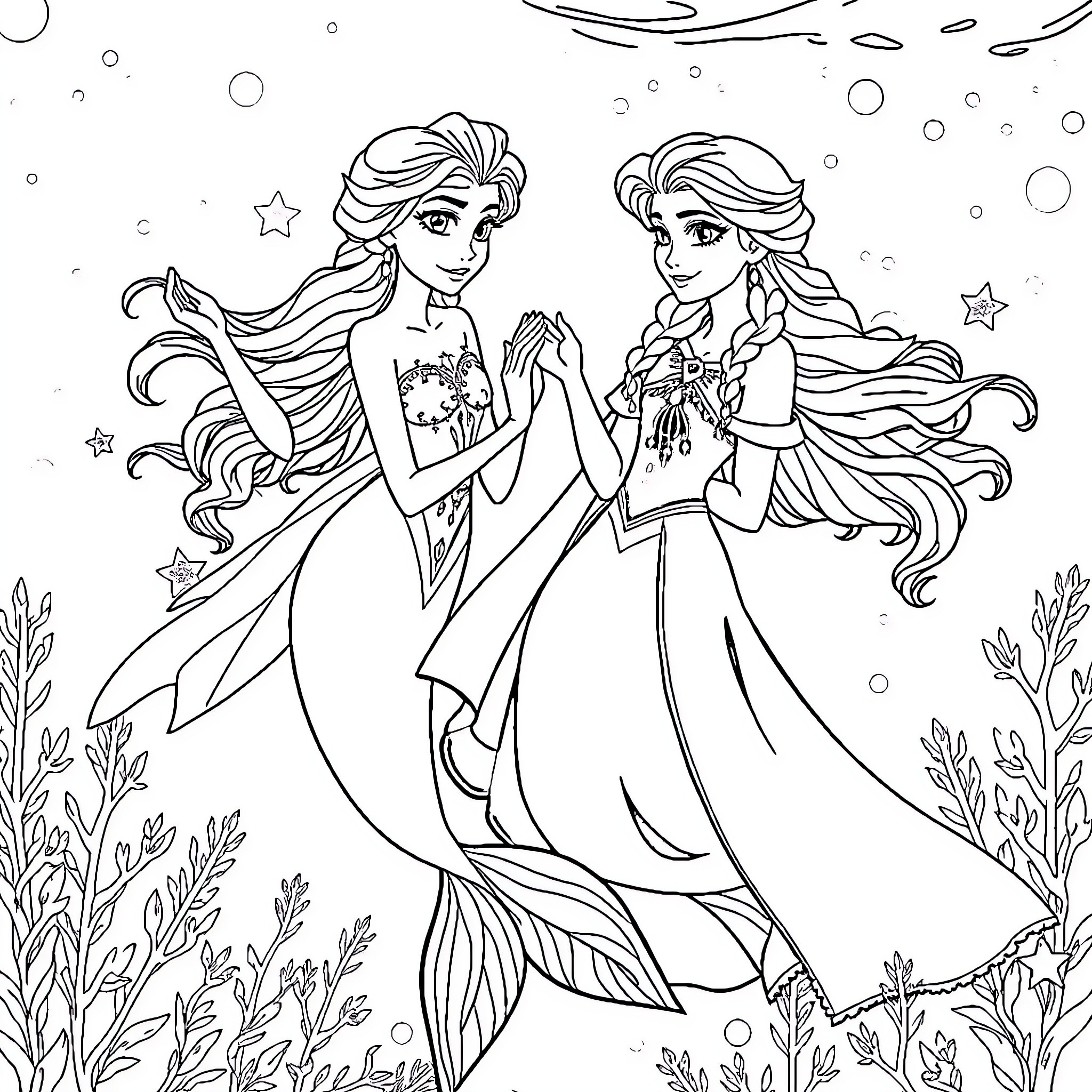 Anna and Elsa's Magical Winter Wonderland Coloring Page (free black-and-white line drawing printable PDF for all, from beginners to advanced learners, including children, teens, adults, and seniors)