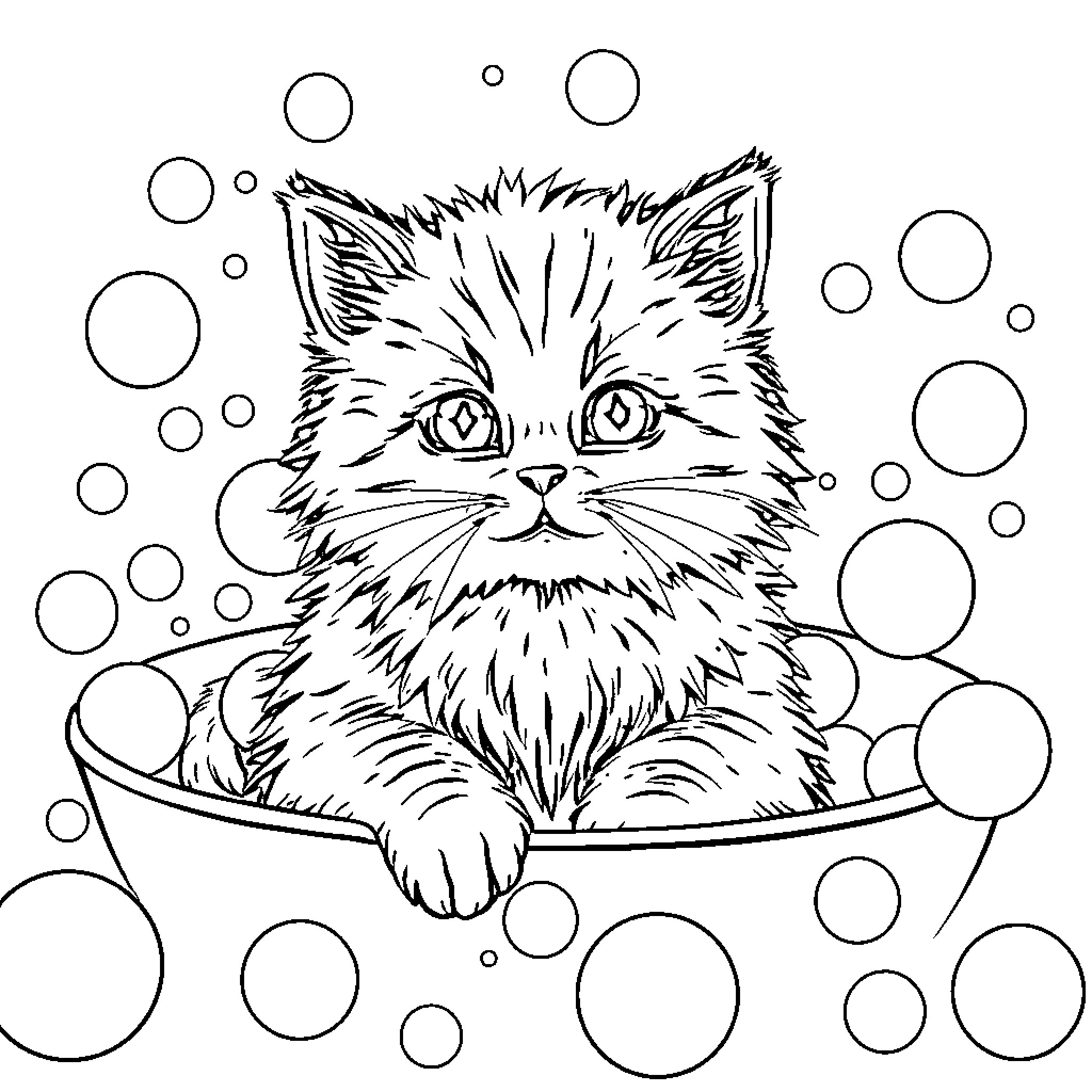 Cat taking a bubble bath Coloring Page (free black-and-white line drawing printable PDF for all, from beginners to advanced learners, including children, teens, adults, and seniors)