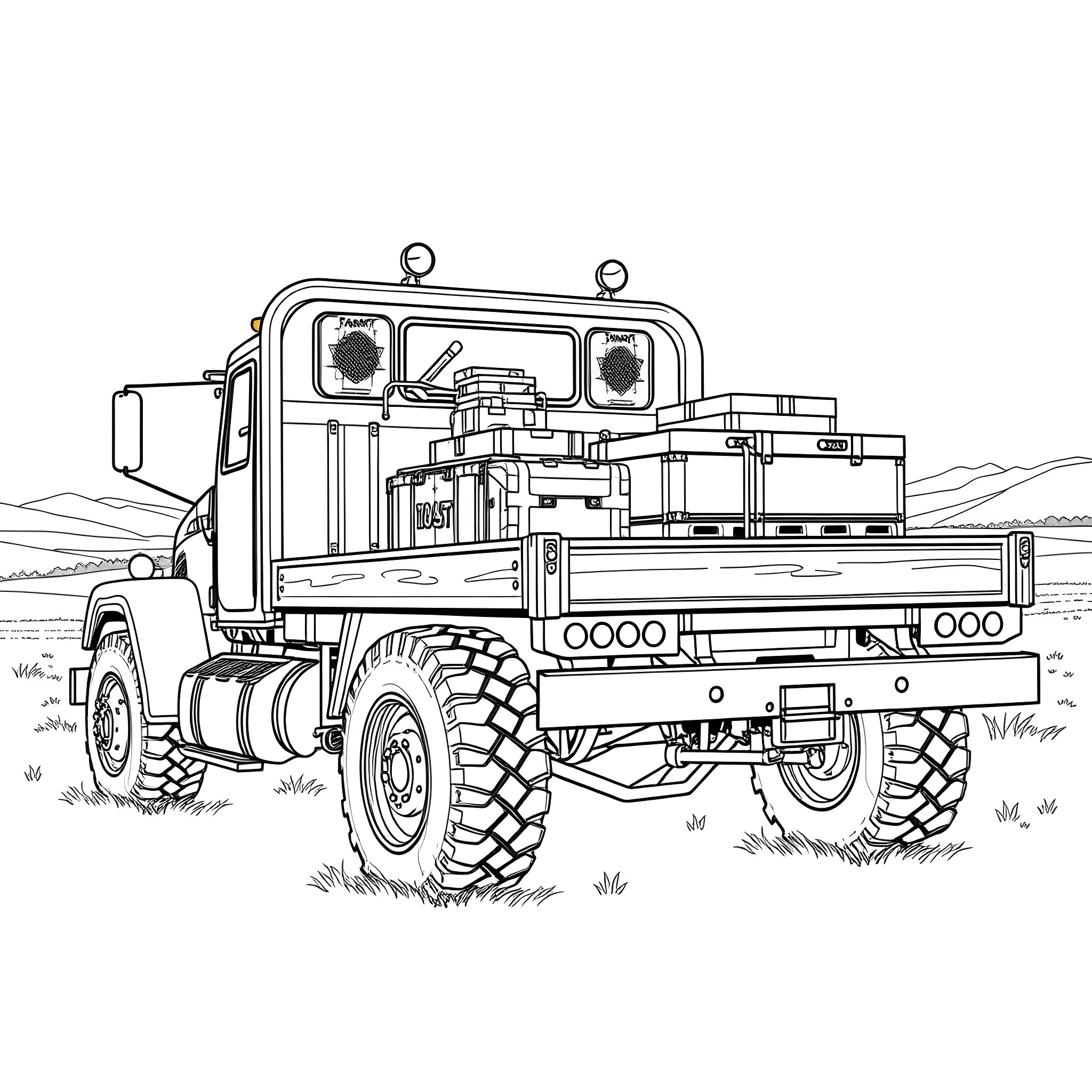 Flatbed truck hauling cargo through rugged terrain Coloring Page (free black-and-white line drawing printable PDF for all, from beginners to advanced learners, including children, teens, adults, and seniors)