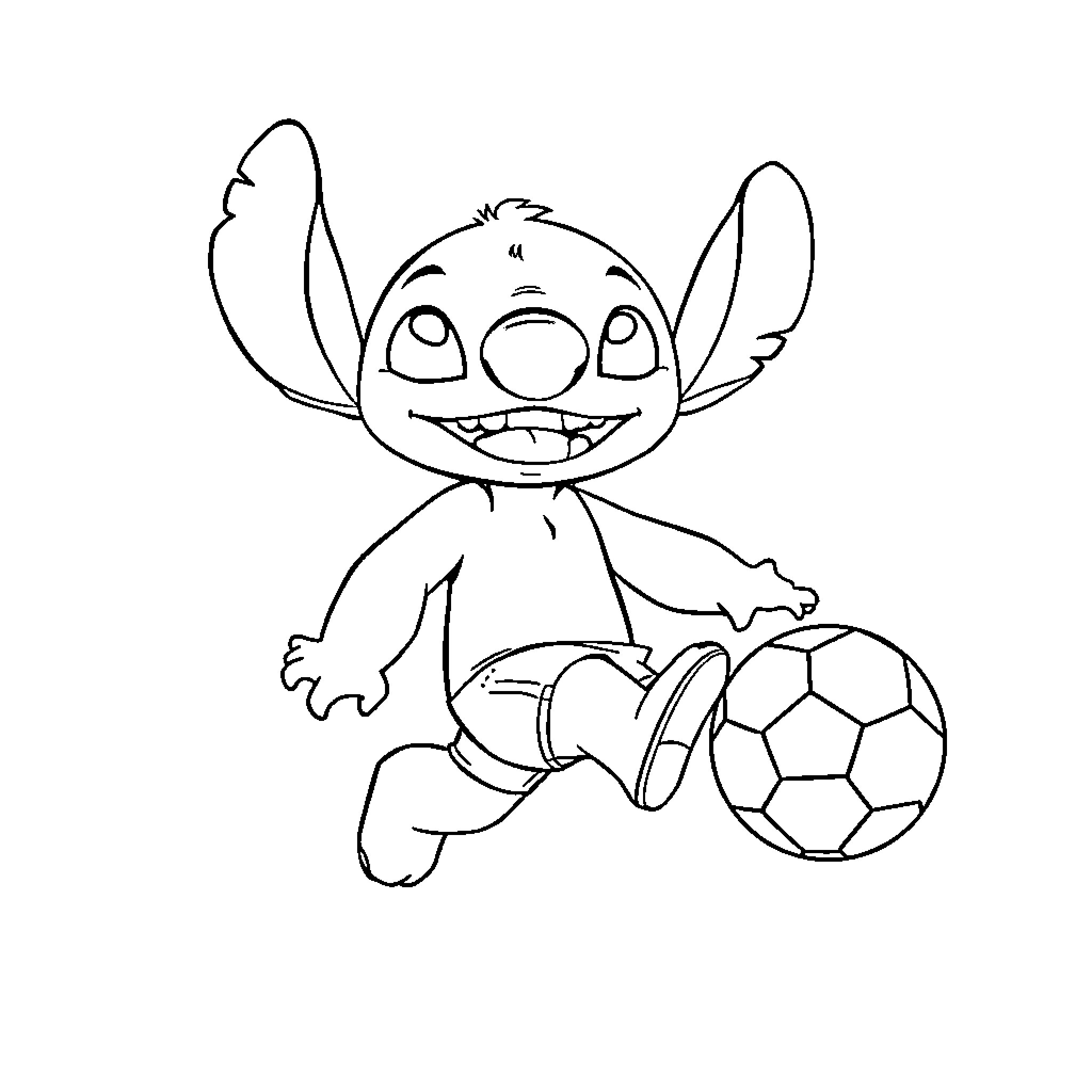 Stitch playing happily with soccer ball Coloring Page (free black-and-white line drawing printable PDF for all, from beginners to advanced learners, including children, teens, adults, and seniors)
