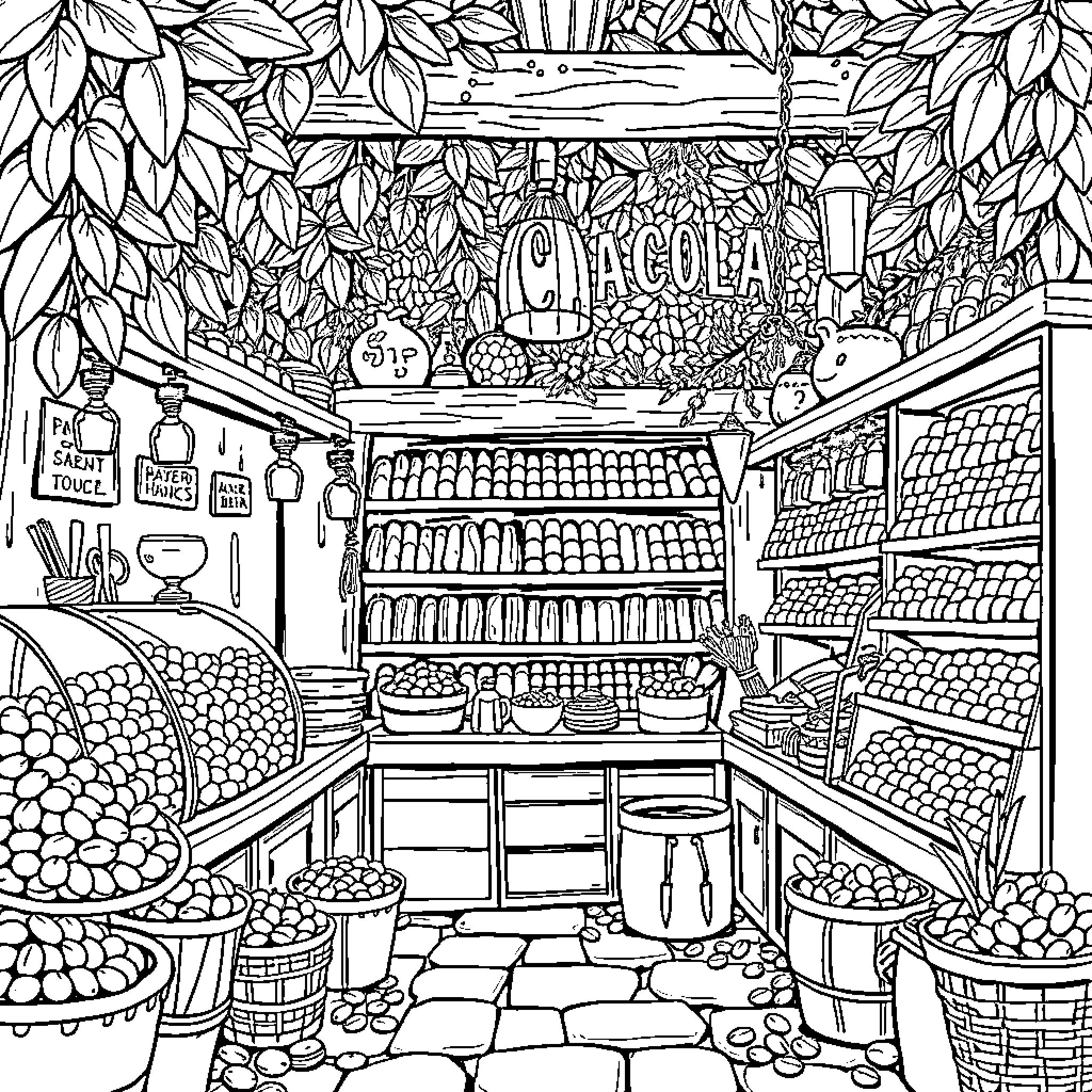 Cacao Bean Filled Produce Market Coloring Page (free black-and-white line drawing printable PDF for all, from beginners to advanced learners, including children, teens, adults, and seniors)