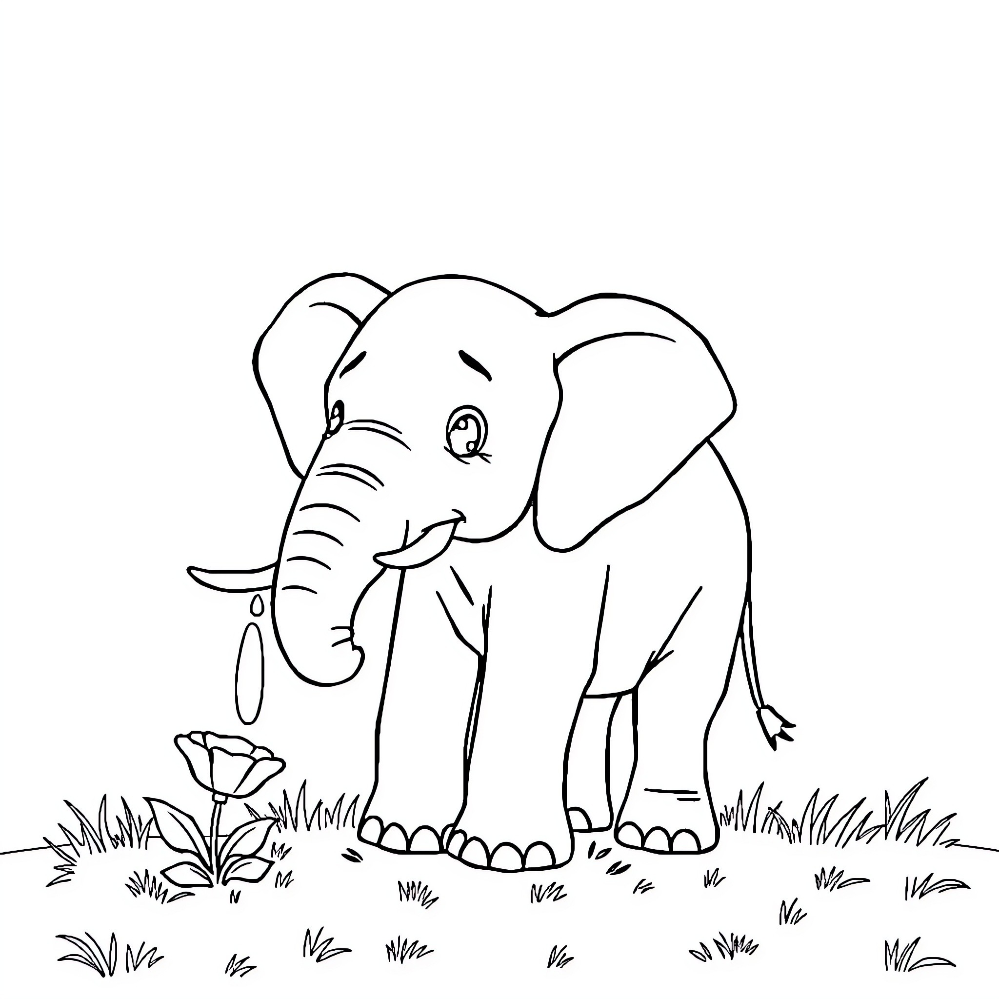 Elephant standing among flowers in a field Coloring Page (free black-and-white line drawing printable PDF for all, from beginners to advanced learners, including children, teens, adults, and seniors)