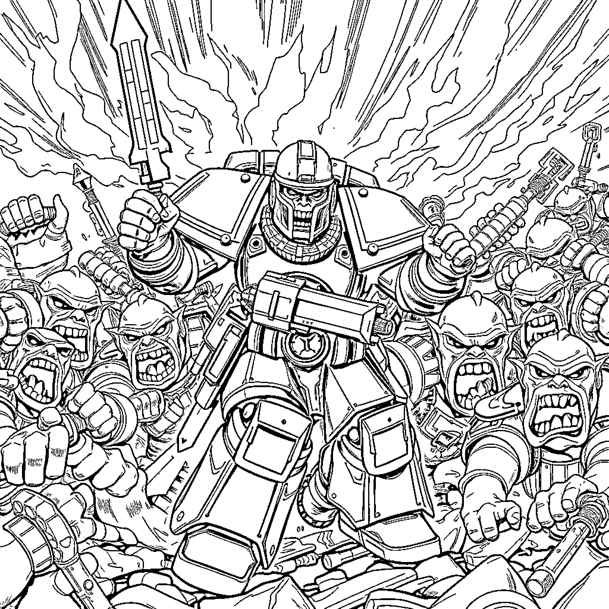 Space Marine Leading Charge Against Alien Horde Coloring Page (free black-and-white line drawing printable PDF for all, from beginners to advanced learners, including children, teens, adults, and seniors)
