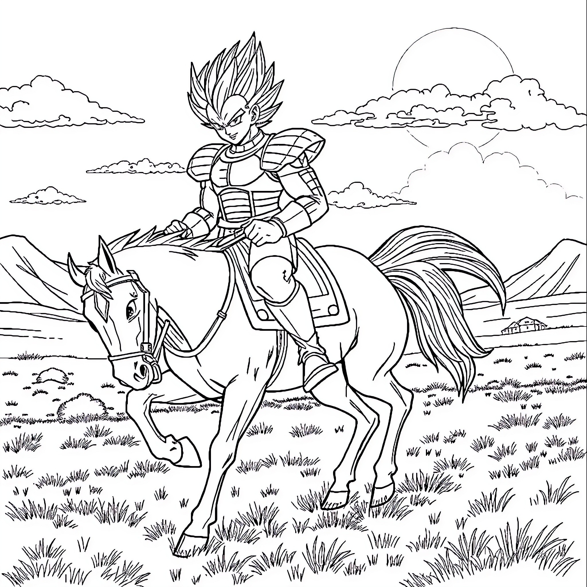 Vegeta riding a horse through the countryside Coloring Page (free black-and-white line drawing printable PDF for all, from beginners to advanced learners, including children, teens, adults, and seniors)