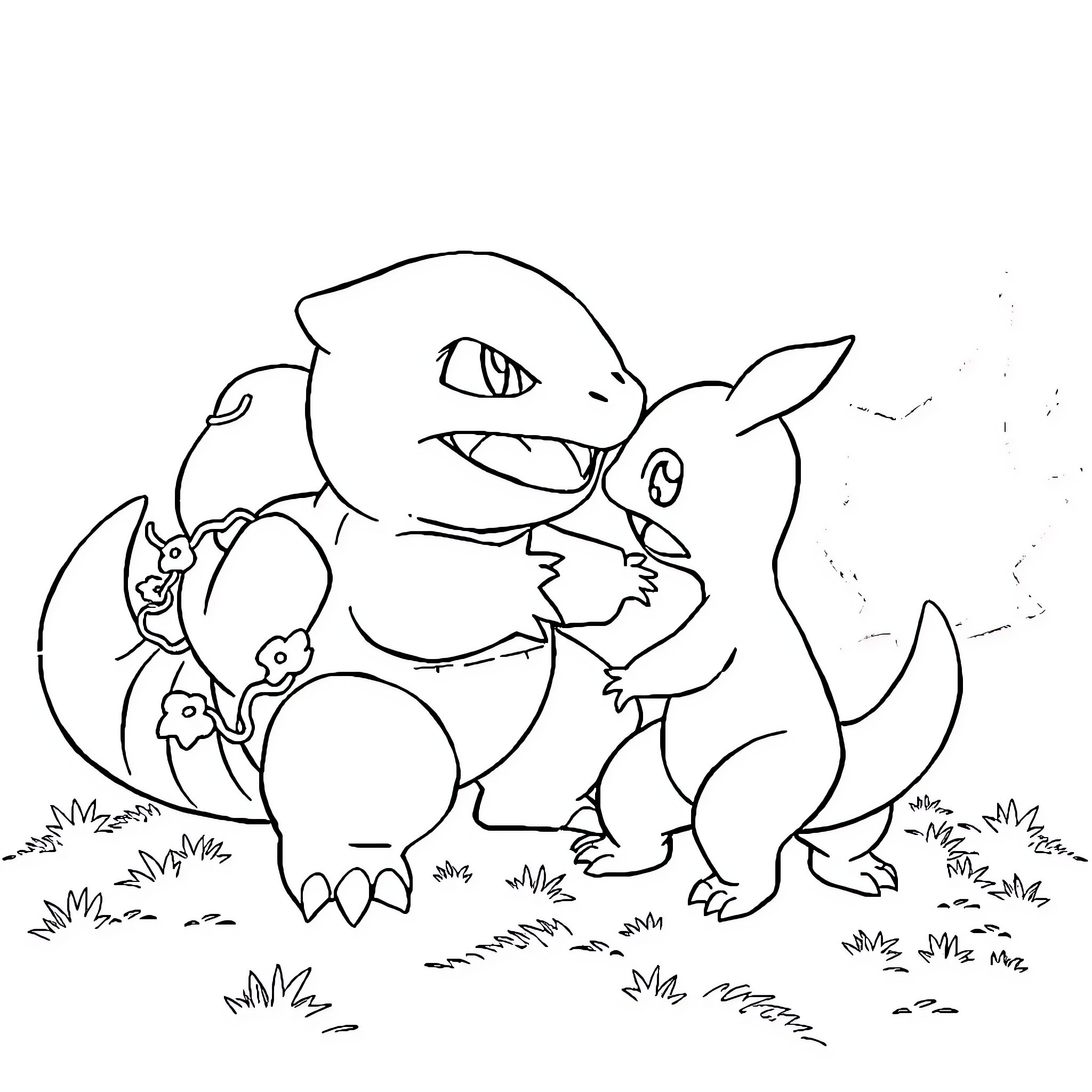 Bulbasaur playing with Pikachu in the grass Coloring Page (free black-and-white line drawing printable PDF for all, from beginners to advanced learners, including children, teens, adults, and seniors)