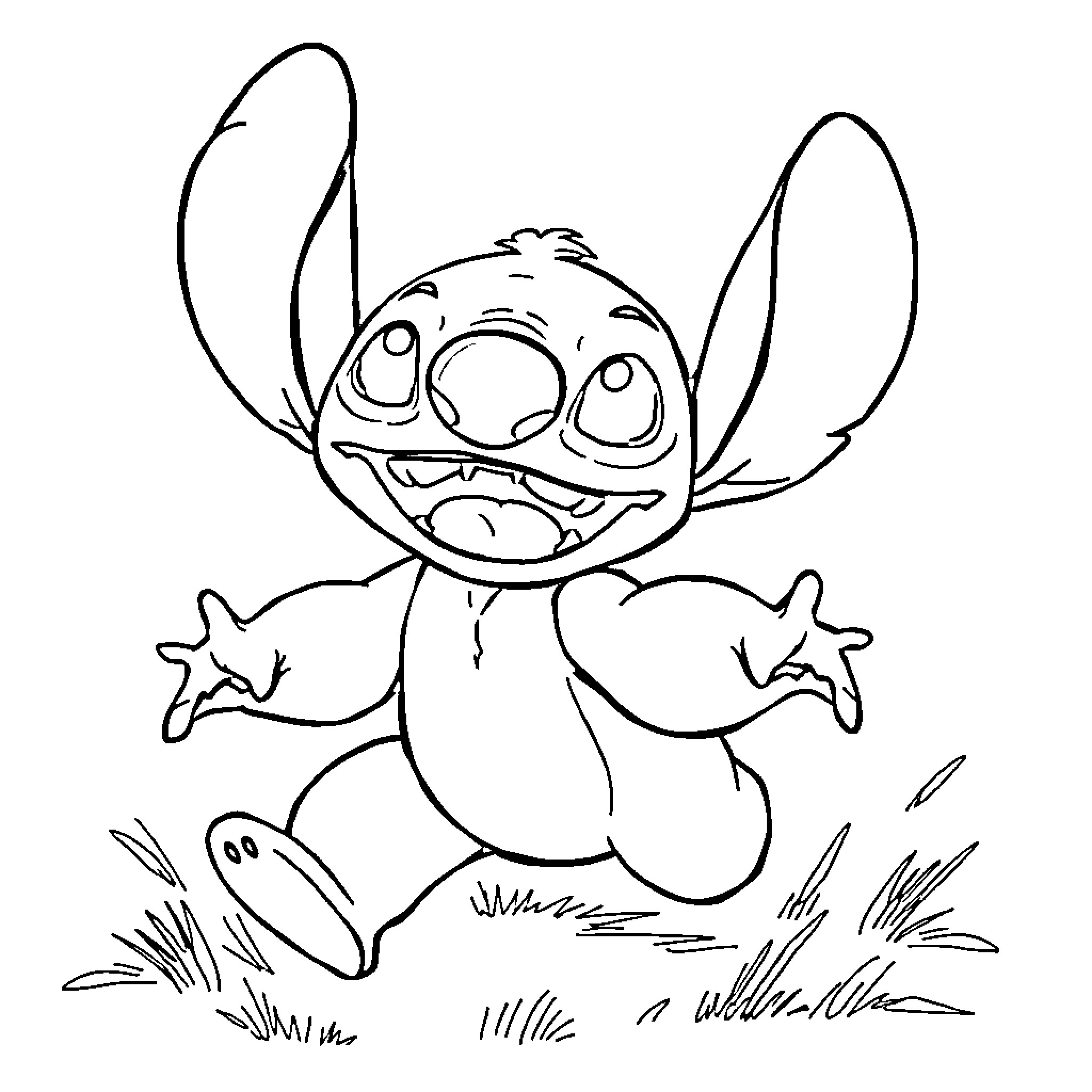 Stitch running through the field with glee Coloring Page (free black-and-white line drawing printable PDF for all, from beginners to advanced learners, including children, teens, adults, and seniors)