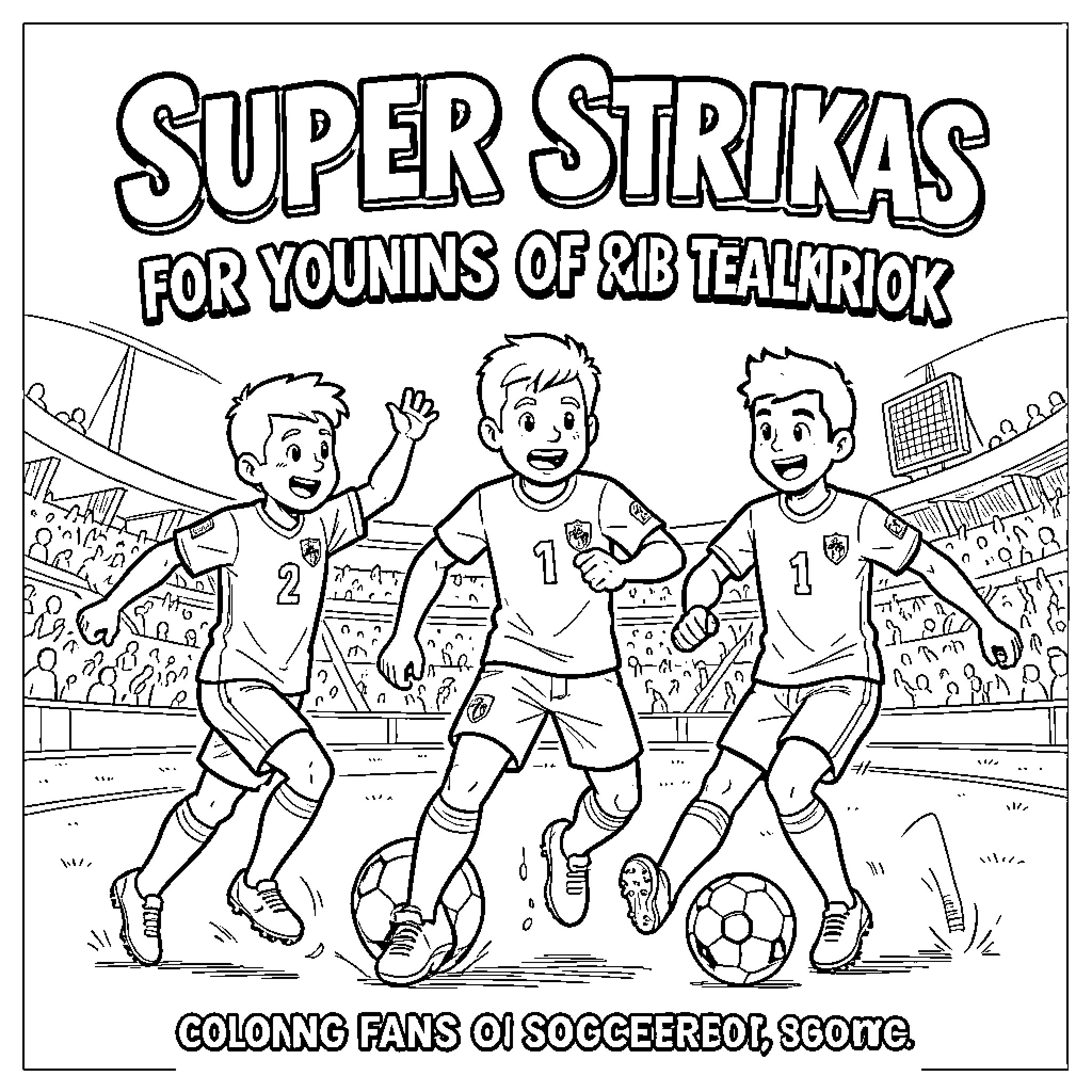 Super Strikas soccer players celebrating on the field Coloring Page (free black-and-white line drawing printable PDF for all, from beginners to advanced learners, including children, teens, adults, and seniors)