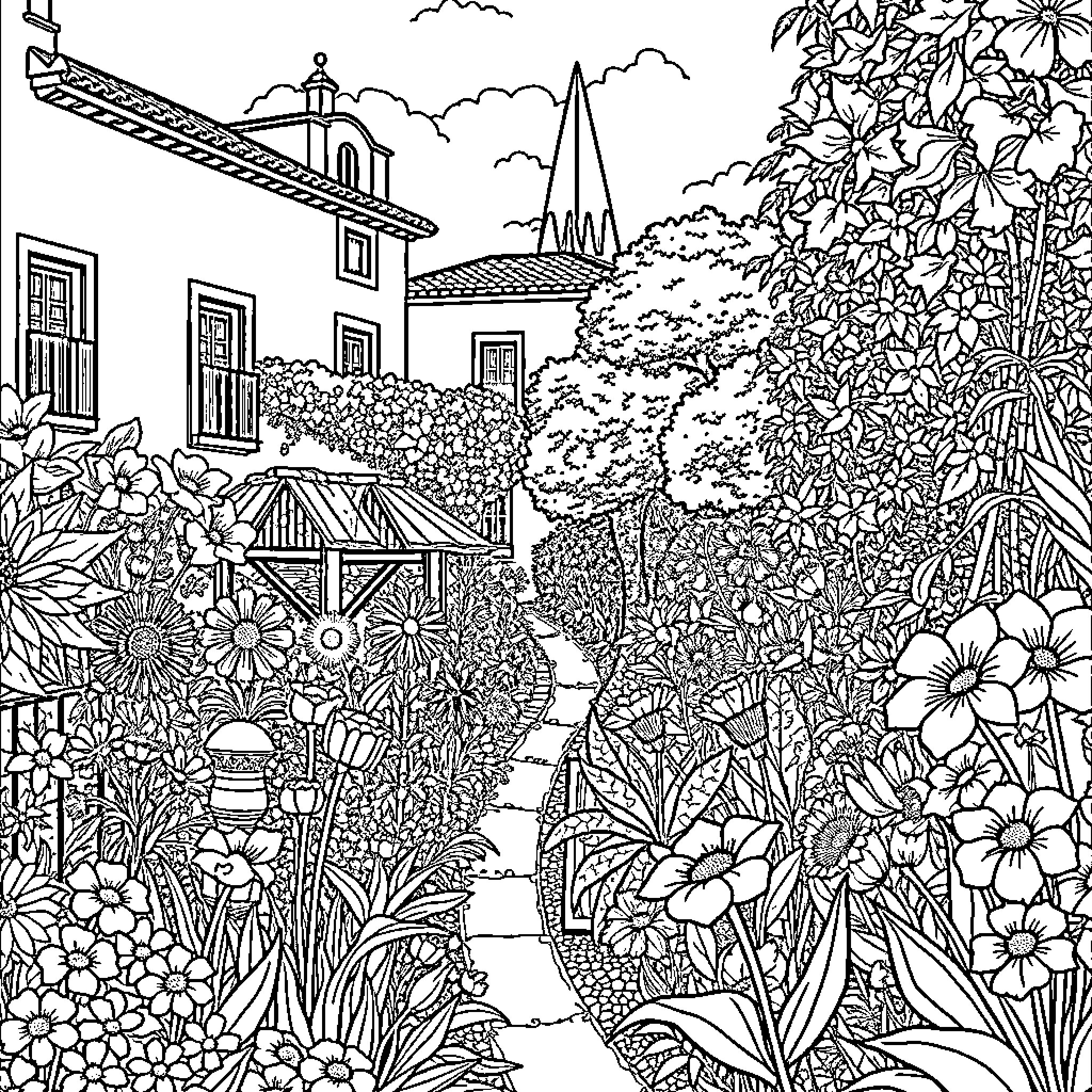 Gardien of a Lush Floral Garden Coloring Page (free black-and-white line drawing printable PDF for all, from beginners to advanced learners, including children, teens, adults, and seniors)