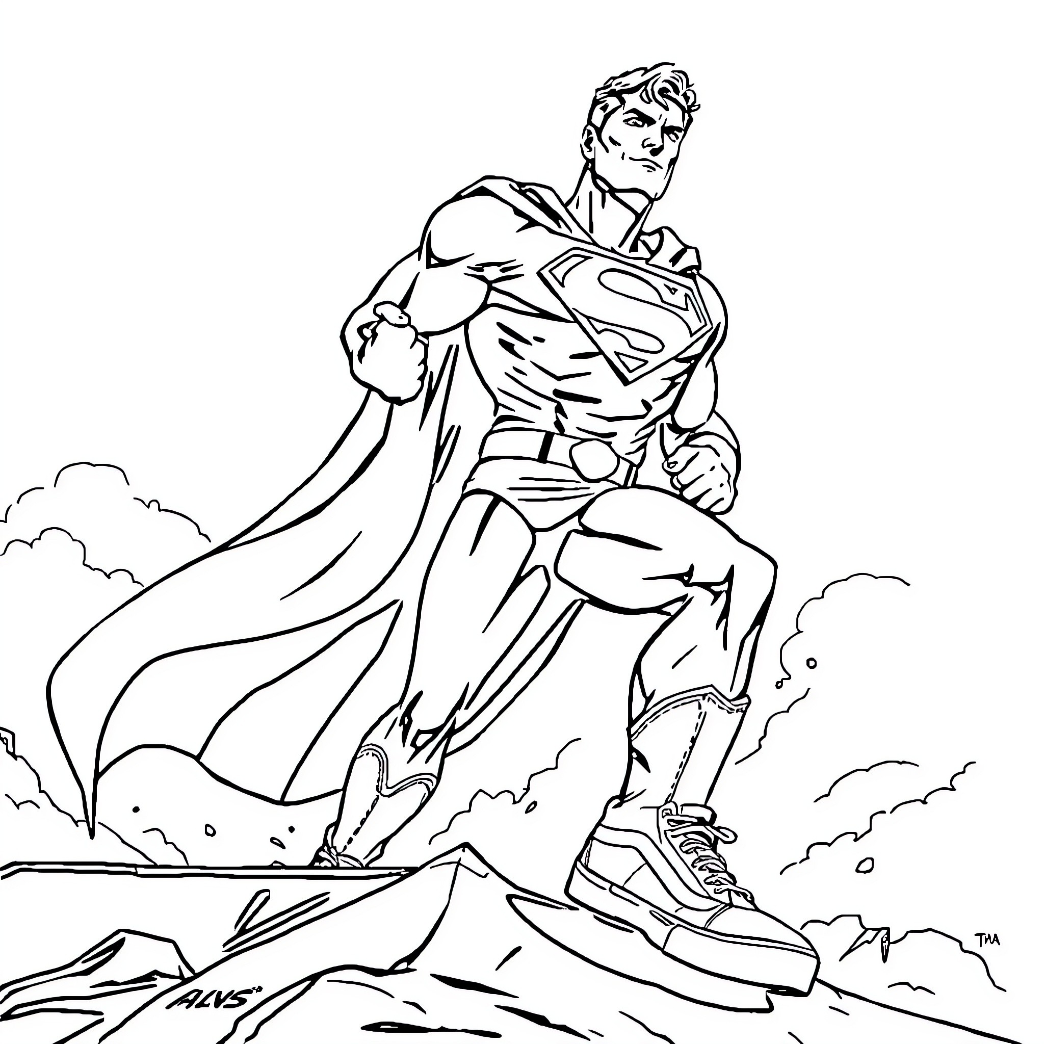 Superman soaring high above the clouds Coloring Page (free black-and-white line drawing printable PDF for all, from beginners to advanced learners, including children, teens, adults, and seniors)