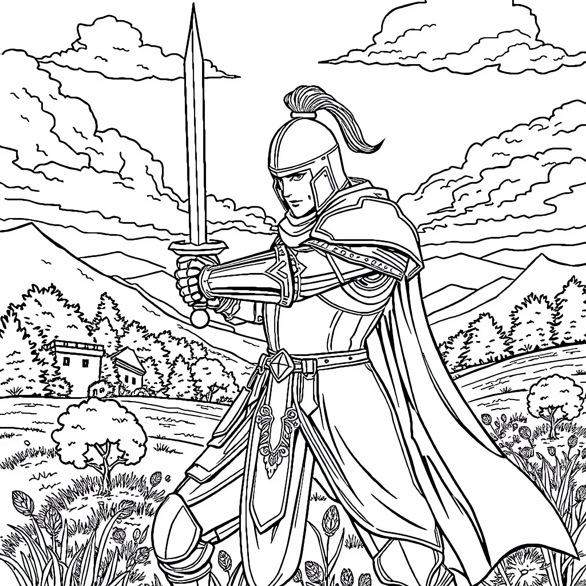 Knight wielding sword in epic landscape Coloring Page (free black-and-white line drawing printable PDF for all, from beginners to advanced learners, including children, teens, adults, and seniors)