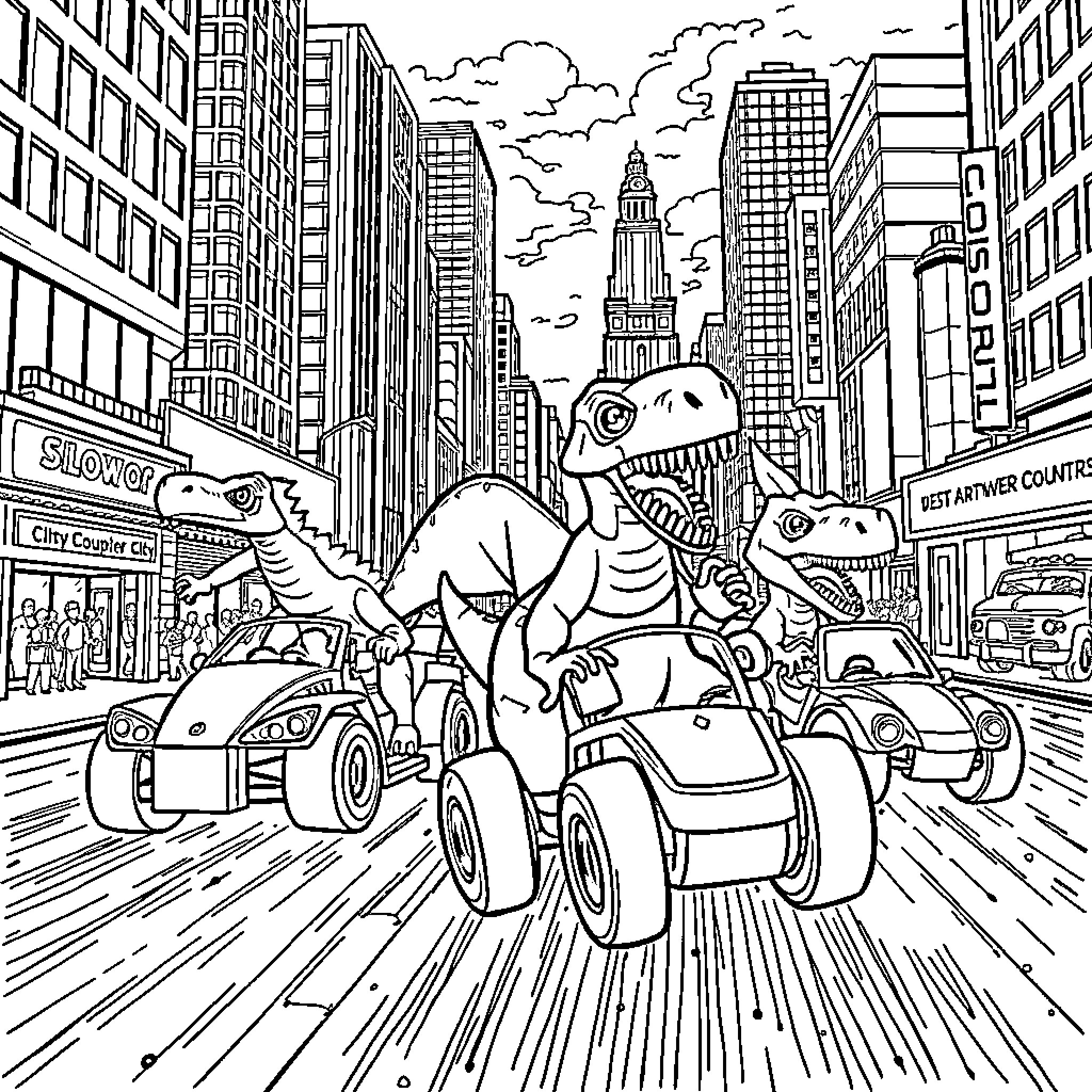 Dinosaur Driving Cars Through City Streets Coloring Page (free black-and-white line drawing printable PDF for all, from beginners to advanced learners, including children, teens, adults, and seniors)