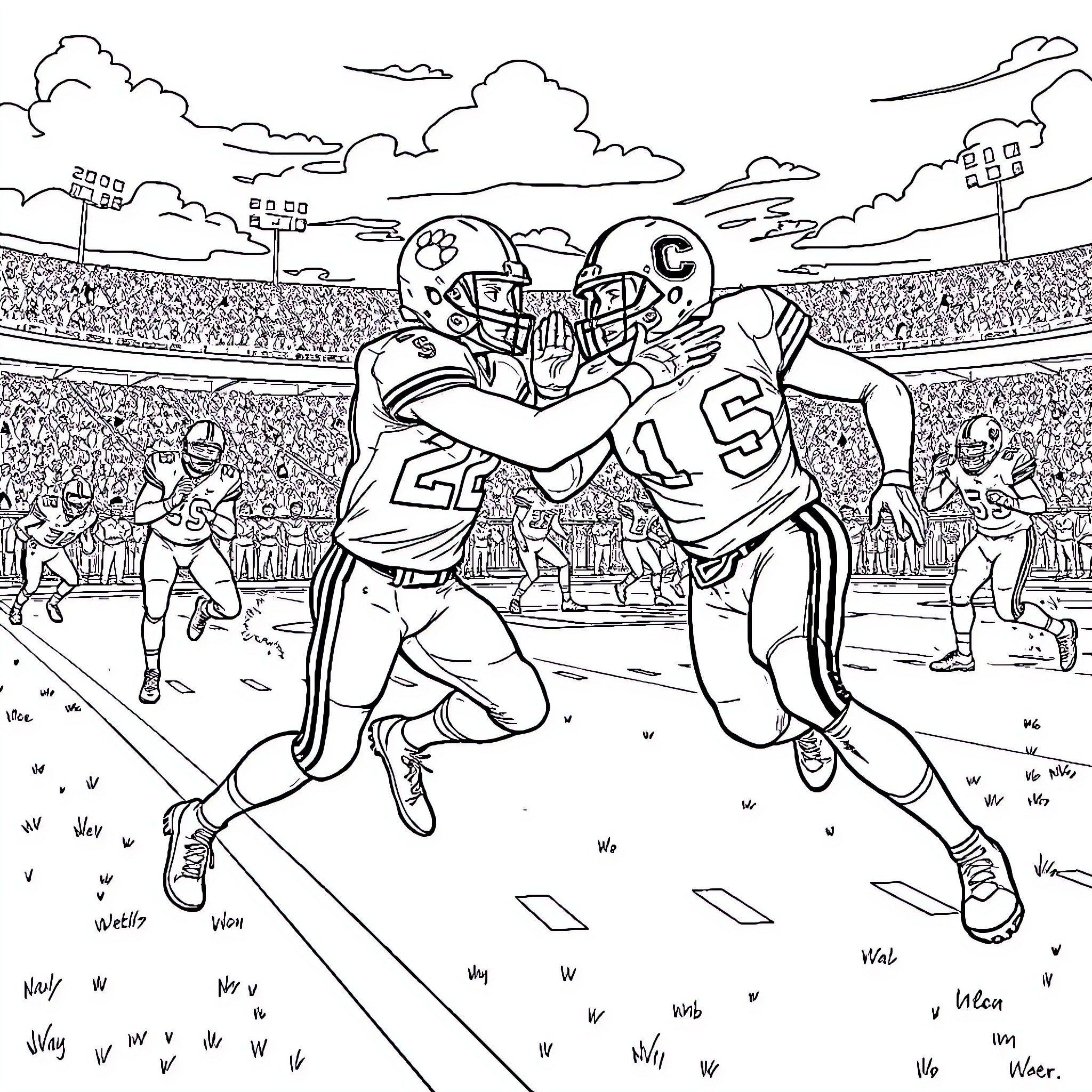 Football players tackling and competing on the field Coloring Page (free black-and-white line drawing printable PDF for all, from beginners to advanced learners, including children, teens, adults, and seniors)