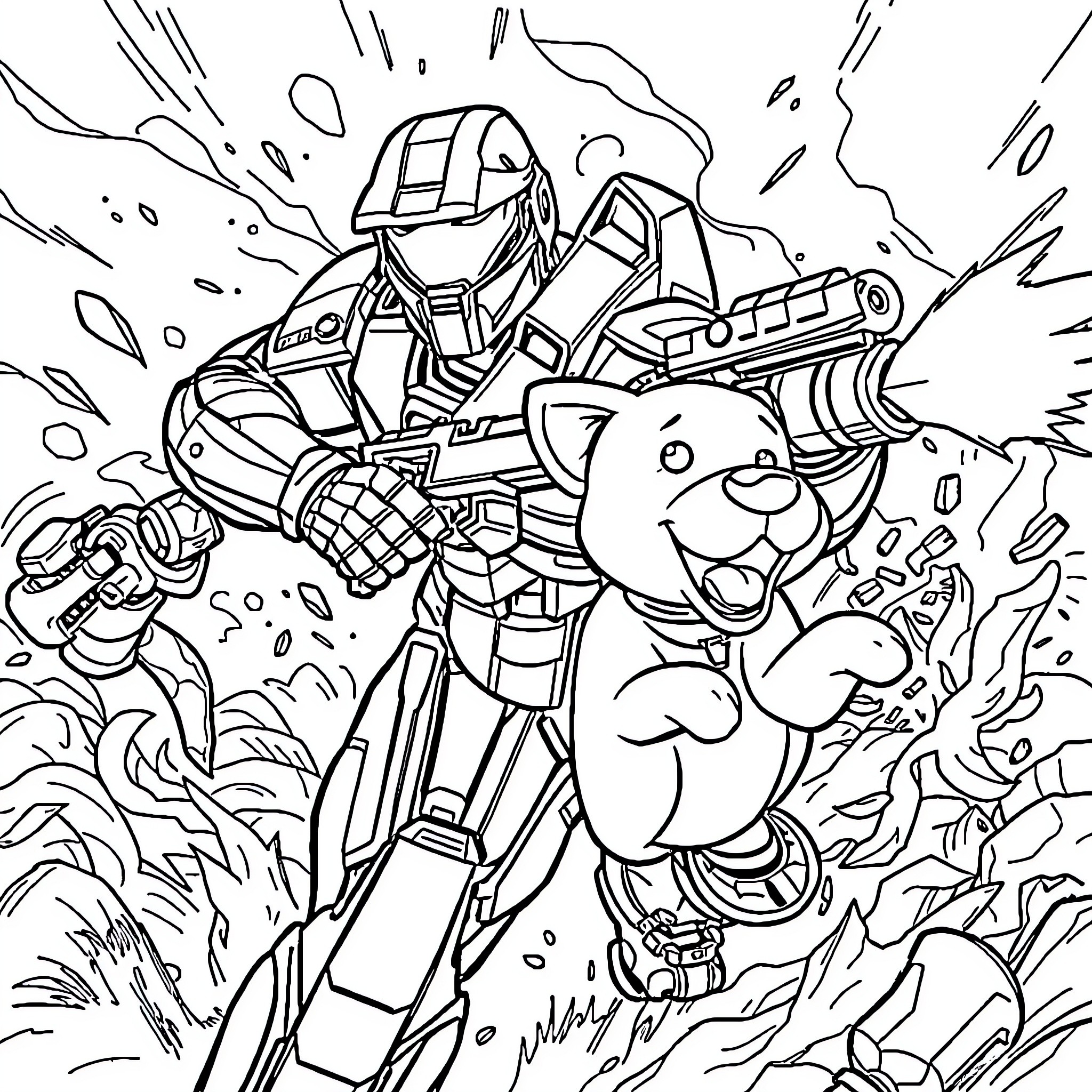 Master Chief and Companion on Action-Packed Adventure Coloring Page (free black-and-white line drawing printable PDF for all, from beginners to advanced learners, including children, teens, adults, and seniors)