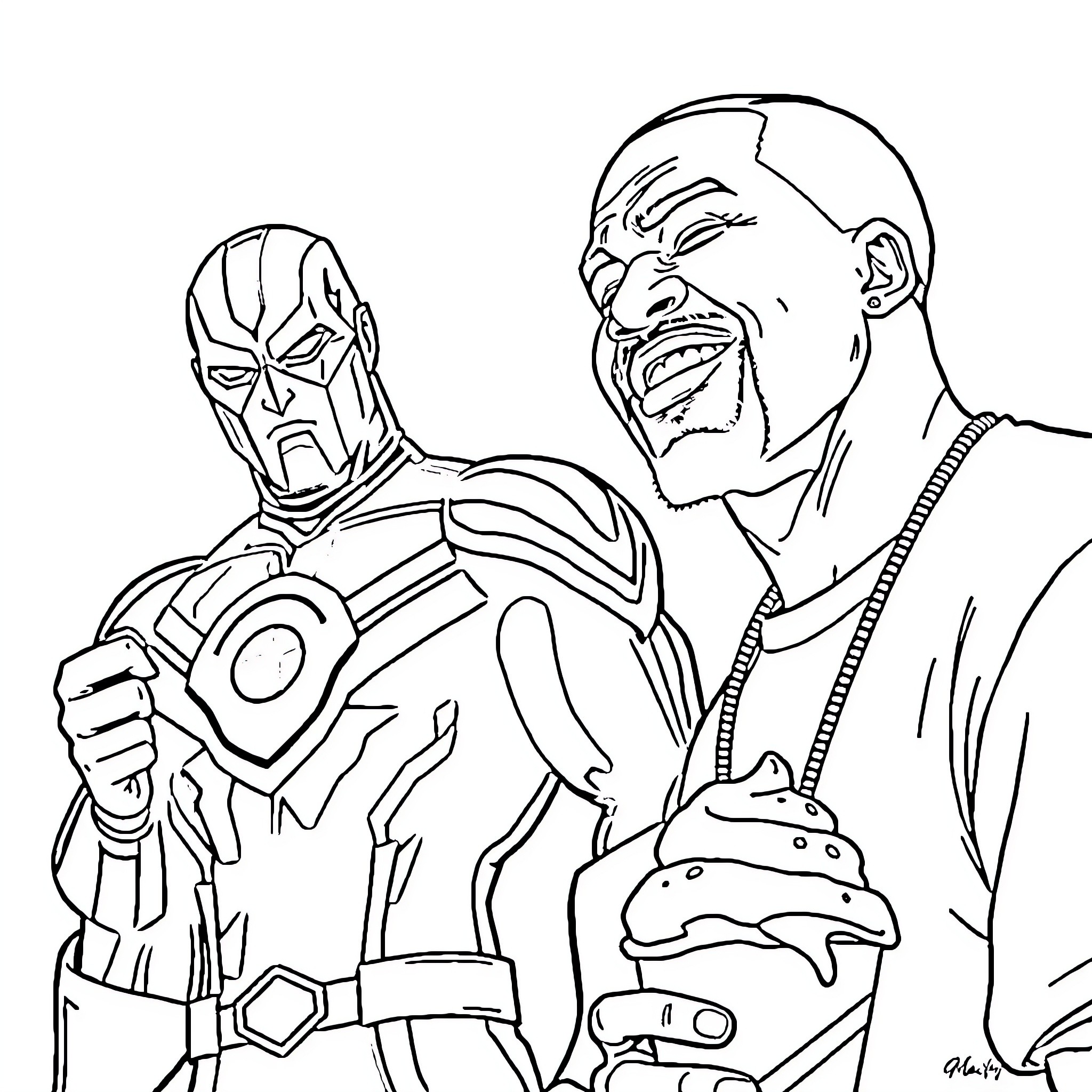 Omni Man and Antagonist in Confrontation Coloring Page (free black-and-white line drawing printable PDF for all, from beginners to advanced learners, including children, teens, adults, and seniors)