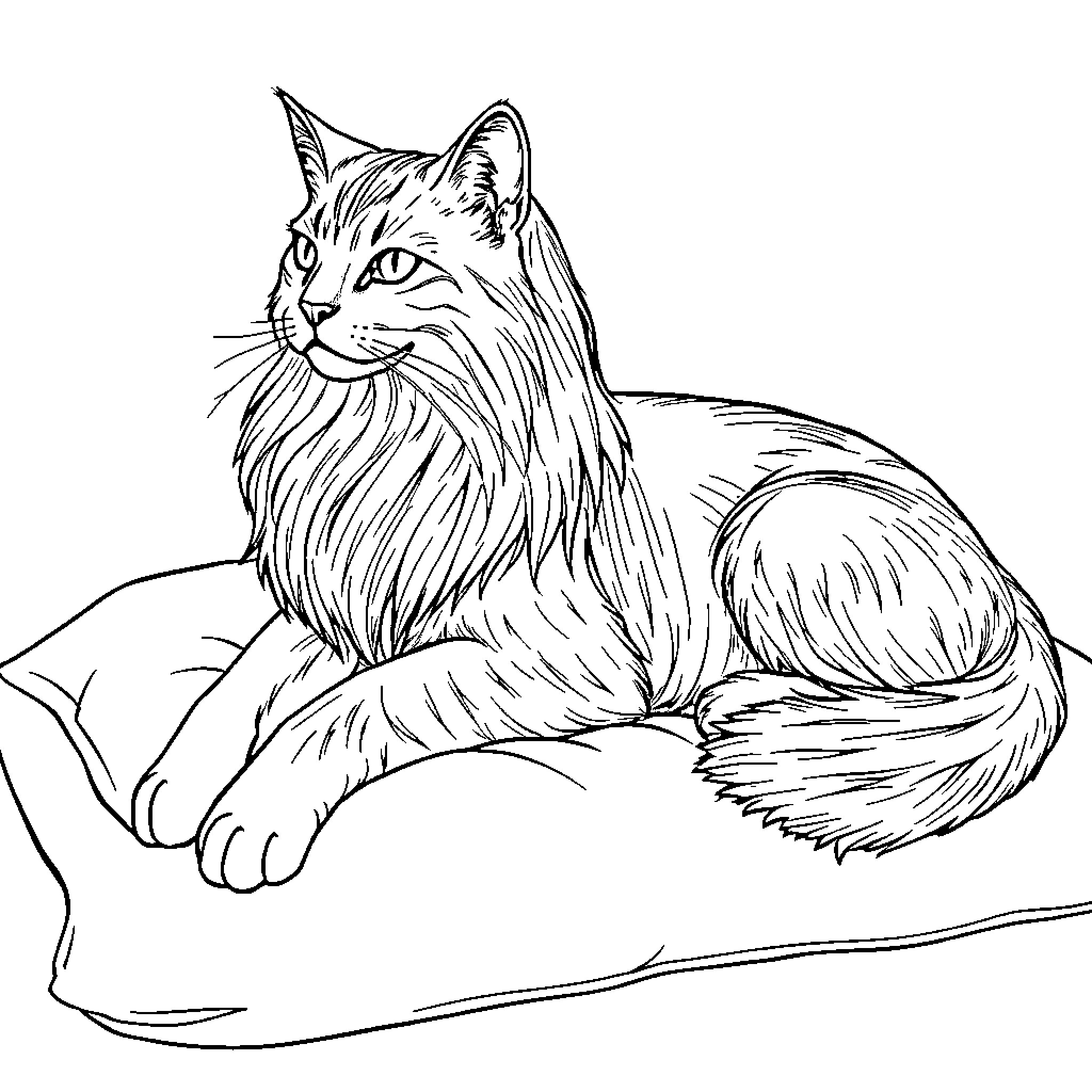 Cat resting on a soft cushion Coloring Page (free black-and-white line drawing printable PDF for all, from beginners to advanced learners, including children, teens, adults, and seniors)