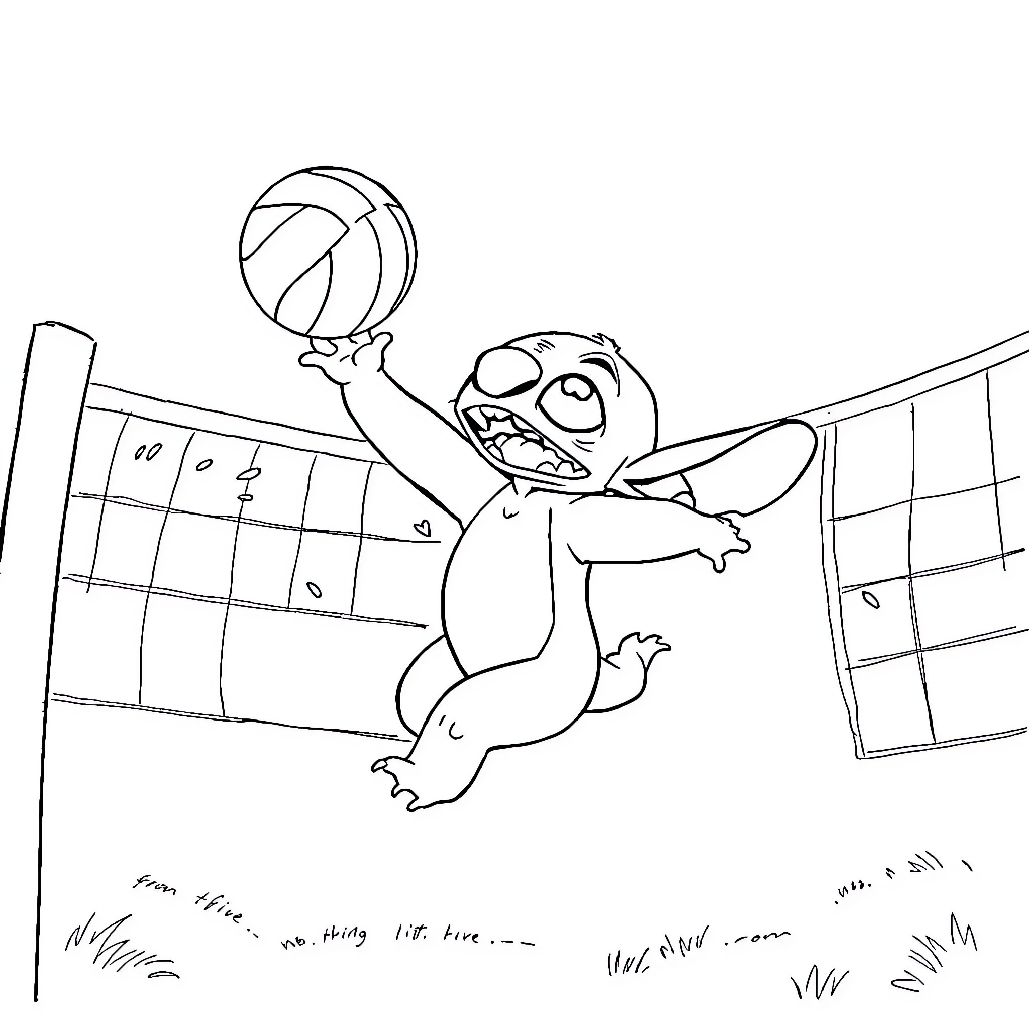 Stitch playing energetically with volleyball in the gym Coloring Page (free black-and-white line drawing printable PDF for all, from beginners to advanced learners, including children, teens, adults, and seniors)
