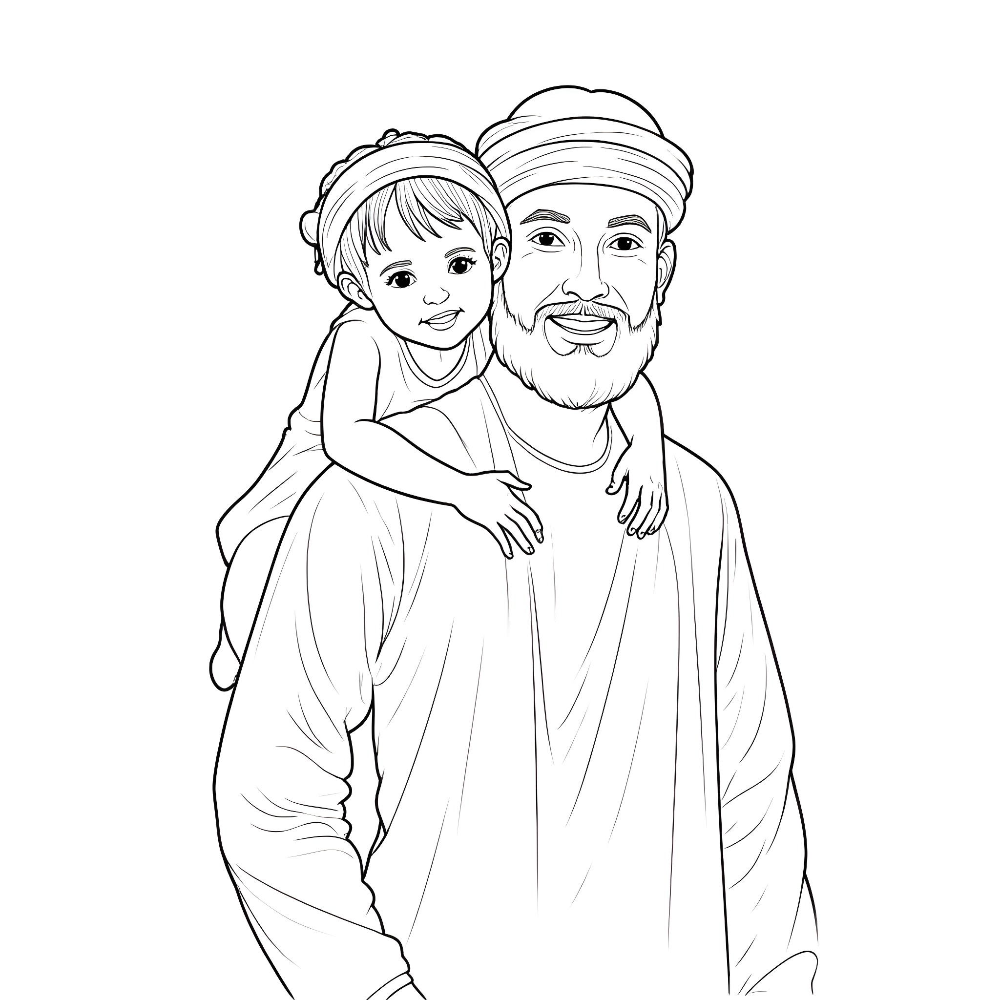 Man embracing a young girl with care Coloring Page (free black-and-white line drawing printable PDF for all, from beginners to advanced learners, including children, teens, adults, and seniors)