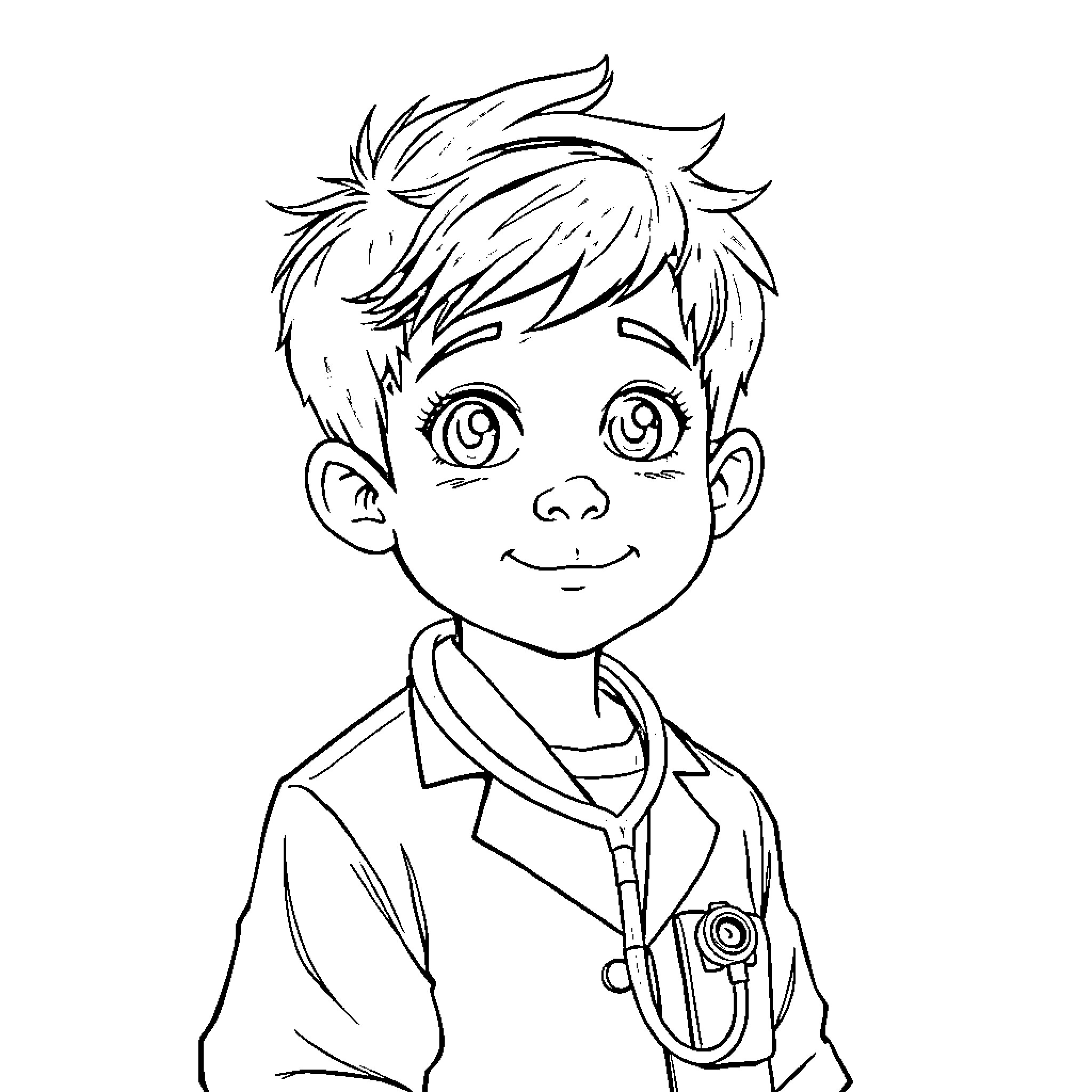 Child playing doctor with medical equipment Coloring Page (free black-and-white line drawing printable PDF for all, from beginners to advanced learners, including children, teens, adults, and seniors)