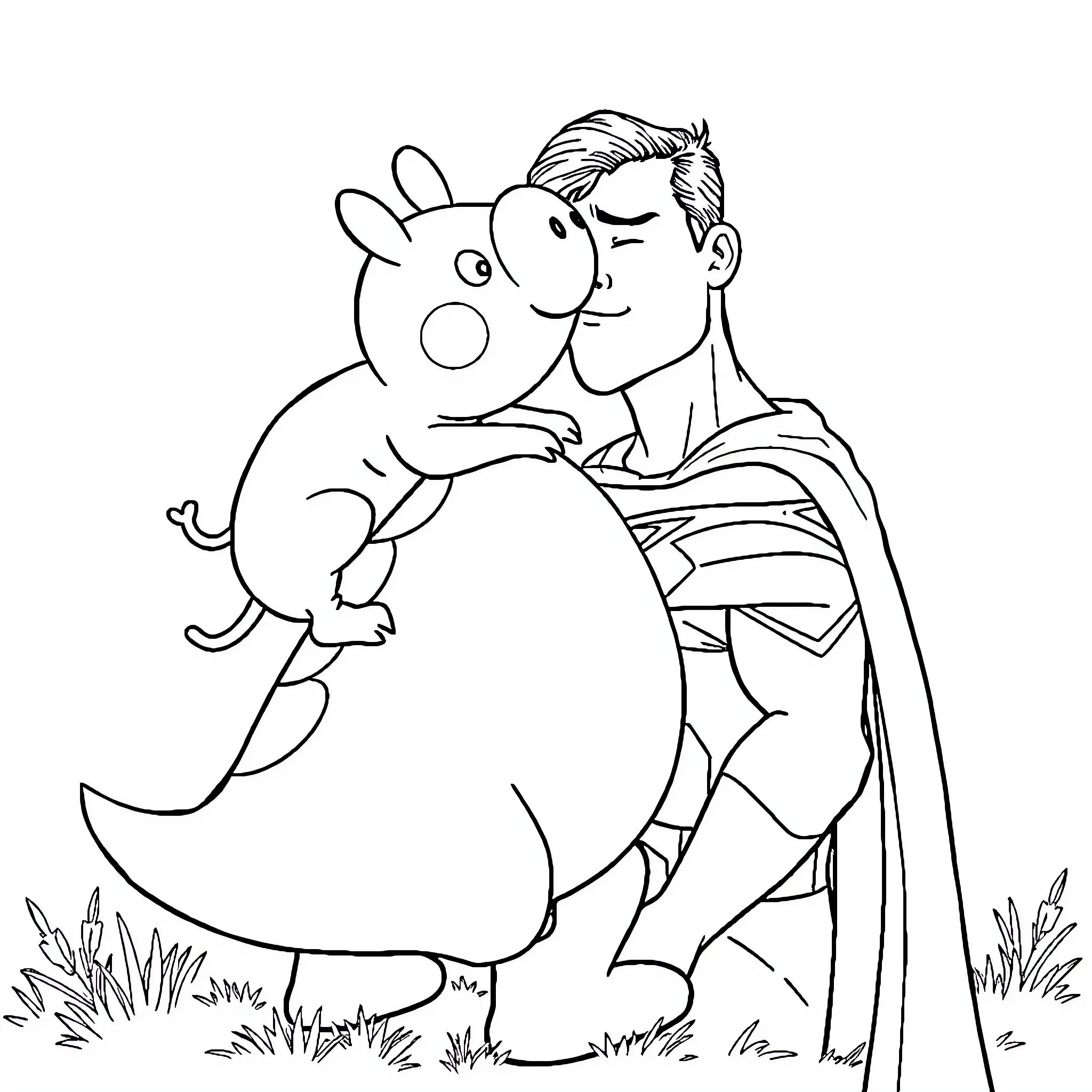 Pepper Pig bonding with a friendly boy Coloring Page (free black-and-white line drawing printable PDF for all, from beginners to advanced learners, including children, teens, adults, and seniors)