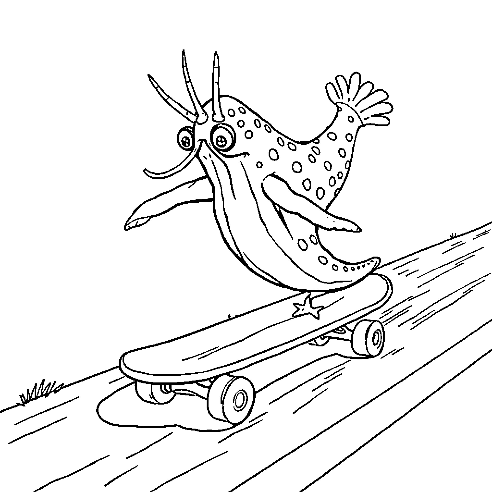 Sea Cucumber skateboarding with playful gestures Coloring Page (free black-and-white line drawing printable PDF for all, from beginners to advanced learners, including children, teens, adults, and seniors)