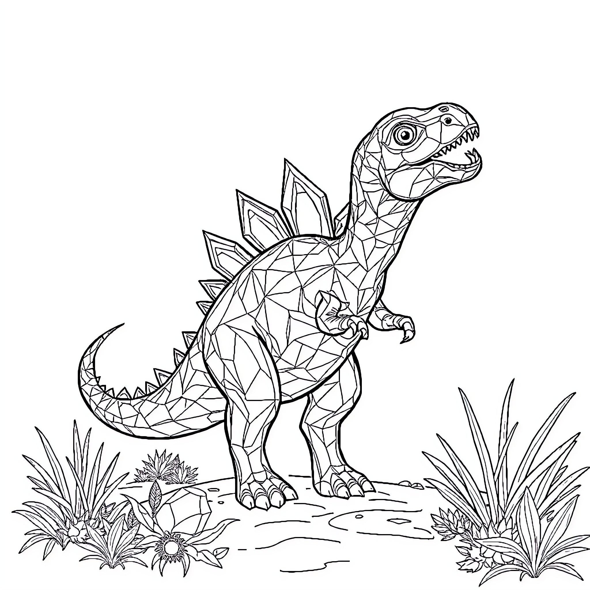 Crystal Dinosaur exploring prehistoric landscape Coloring Page (free black-and-white line drawing printable PDF for all, from beginners to advanced learners, including children, teens, adults, and seniors)
