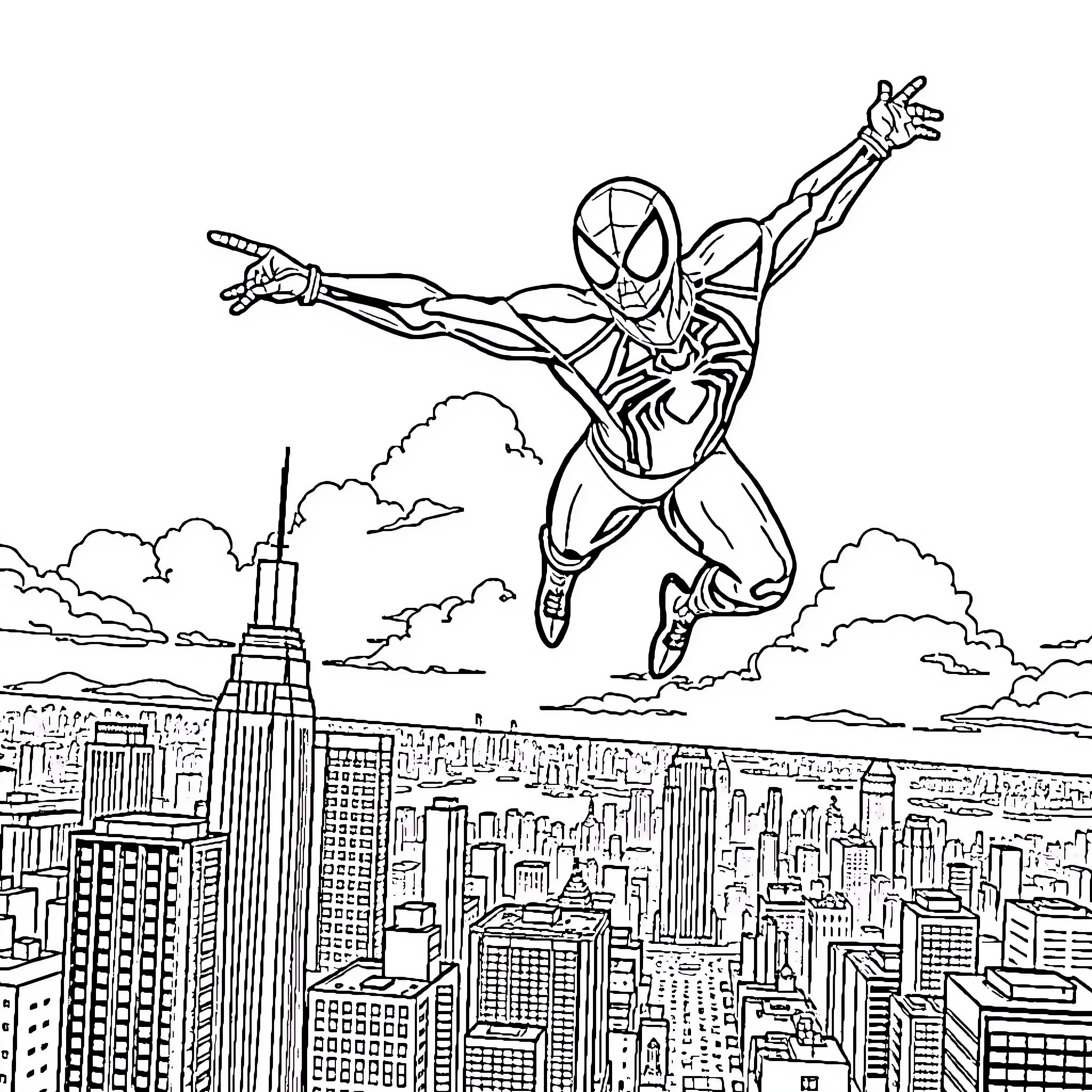Miles Morales Swinging Through the City Skyline Coloring Page (free black-and-white line drawing printable PDF for all, from beginners to advanced learners, including children, teens, adults, and seniors)