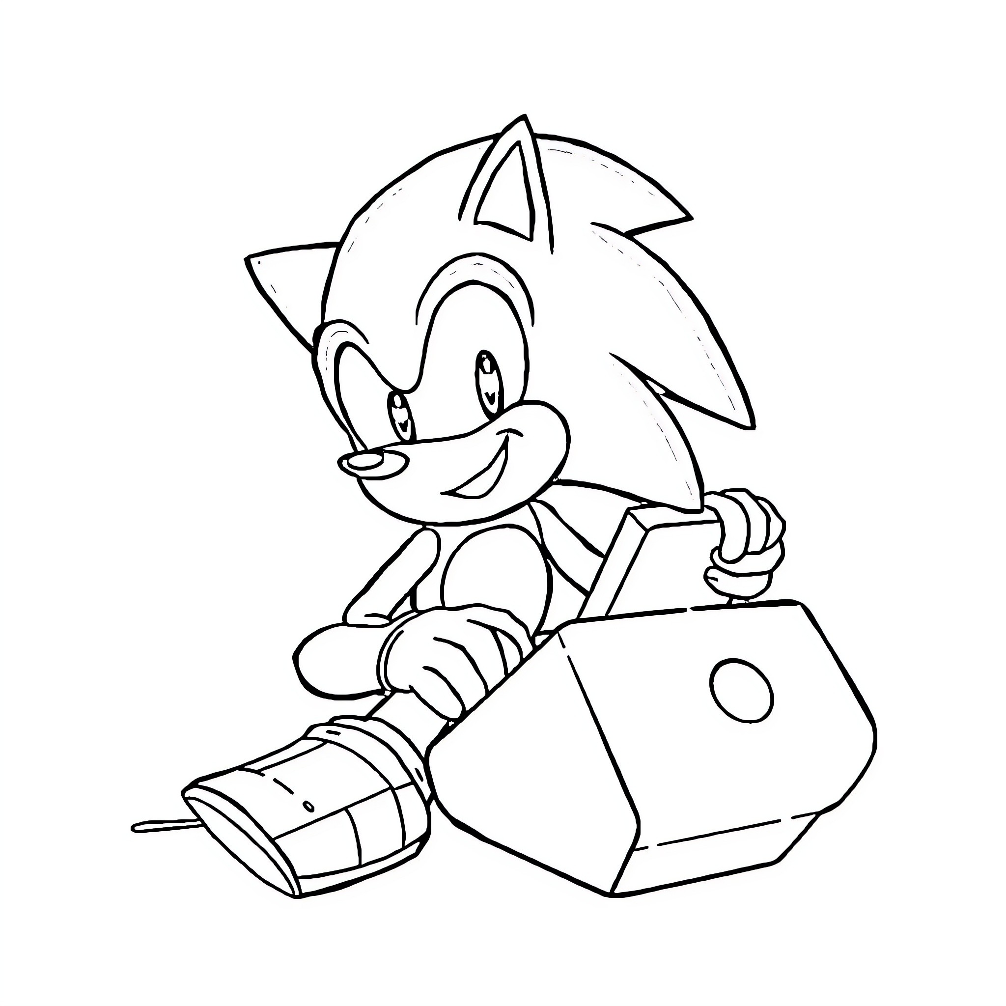 Sonic the Hedgehog playing with gadget Coloring Page (free black-and-white line drawing printable PDF for all, from beginners to advanced learners, including children, teens, adults, and seniors)
