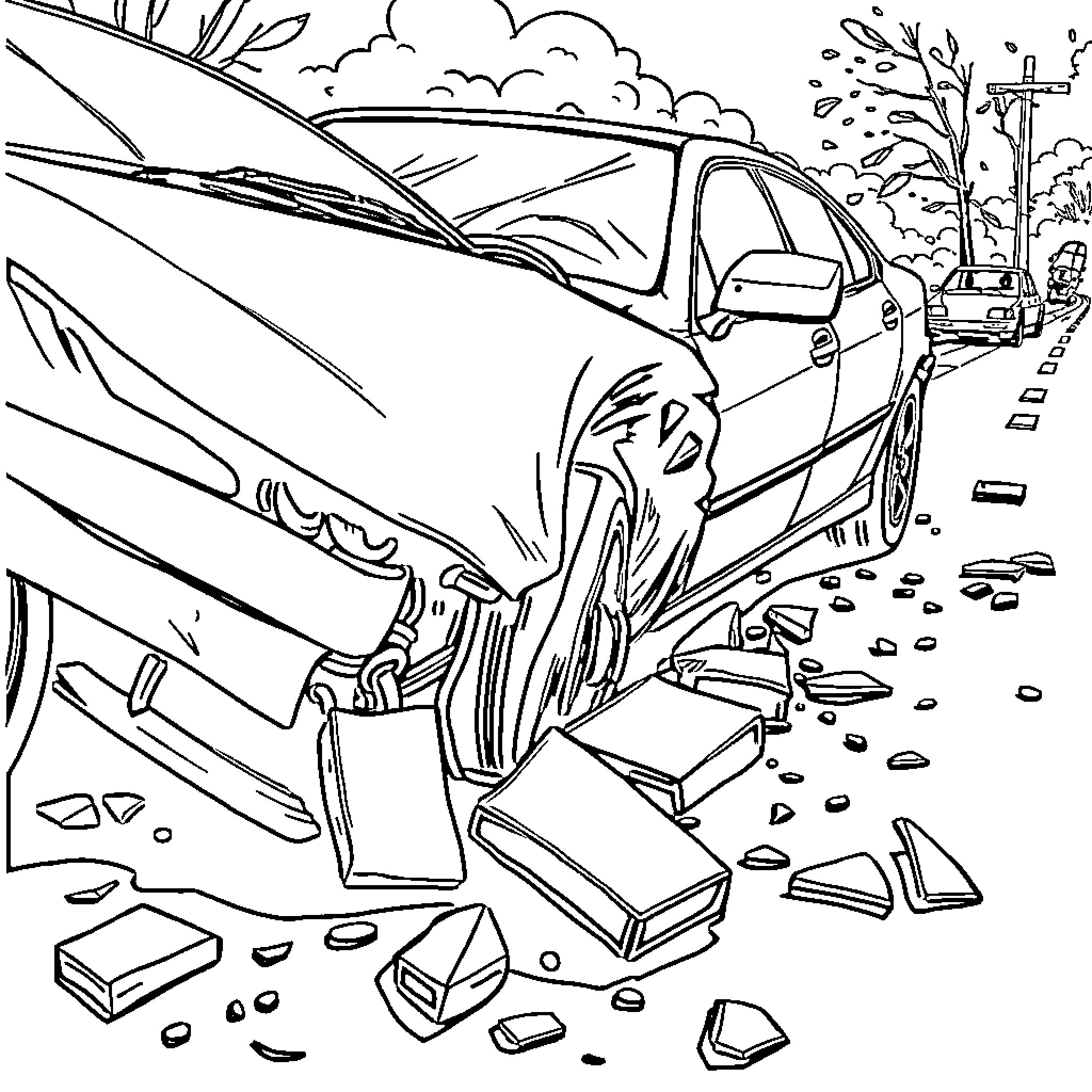 Car accident scene with debris on the road Coloring Page (free black-and-white line drawing printable PDF for all, from beginners to advanced learners, including children, teens, adults, and seniors)