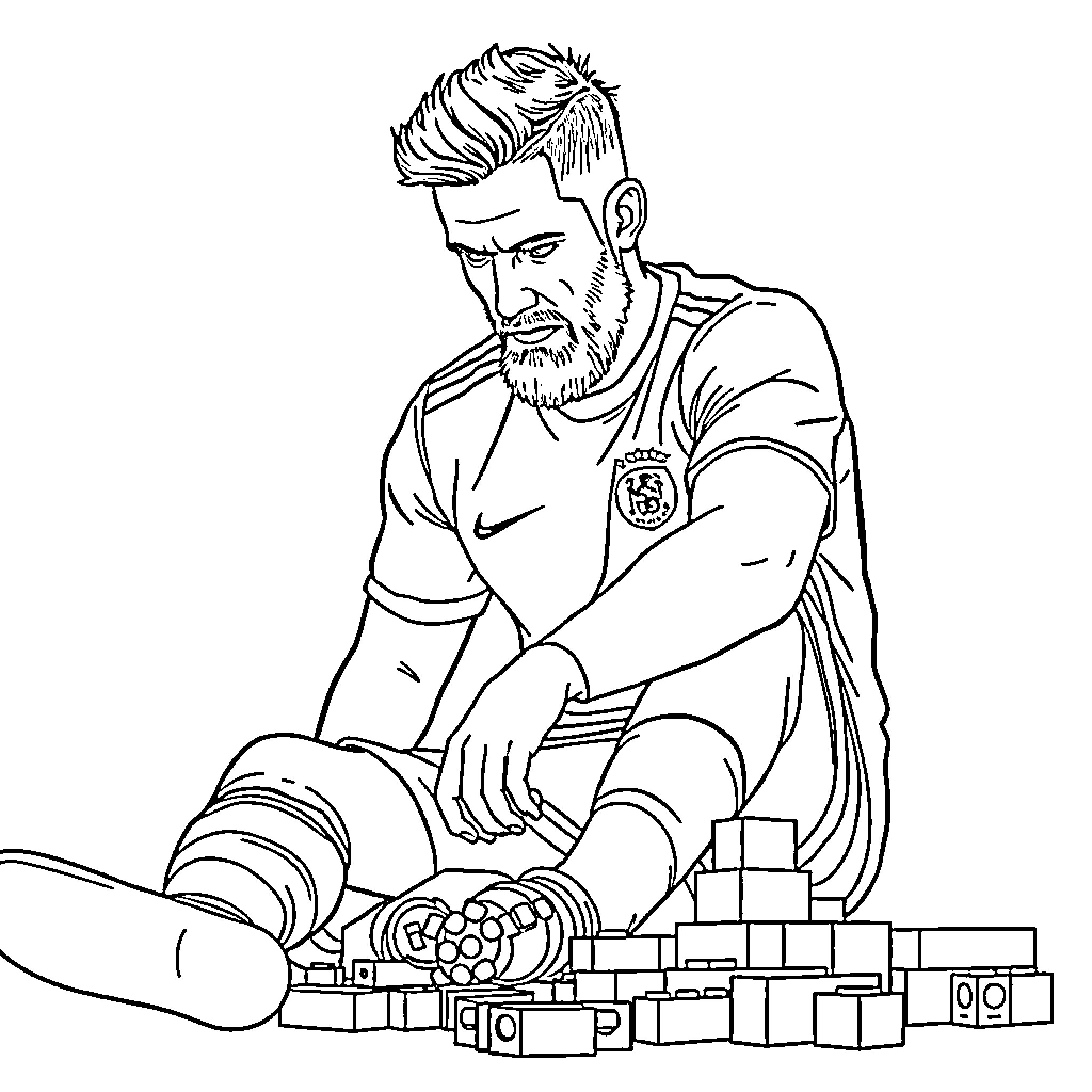 Harry Kane sitting on the ground surrounded by sports equipment Coloring Page (free black-and-white line drawing printable PDF for all, from beginners to advanced learners, including children, teens, adults, and seniors)