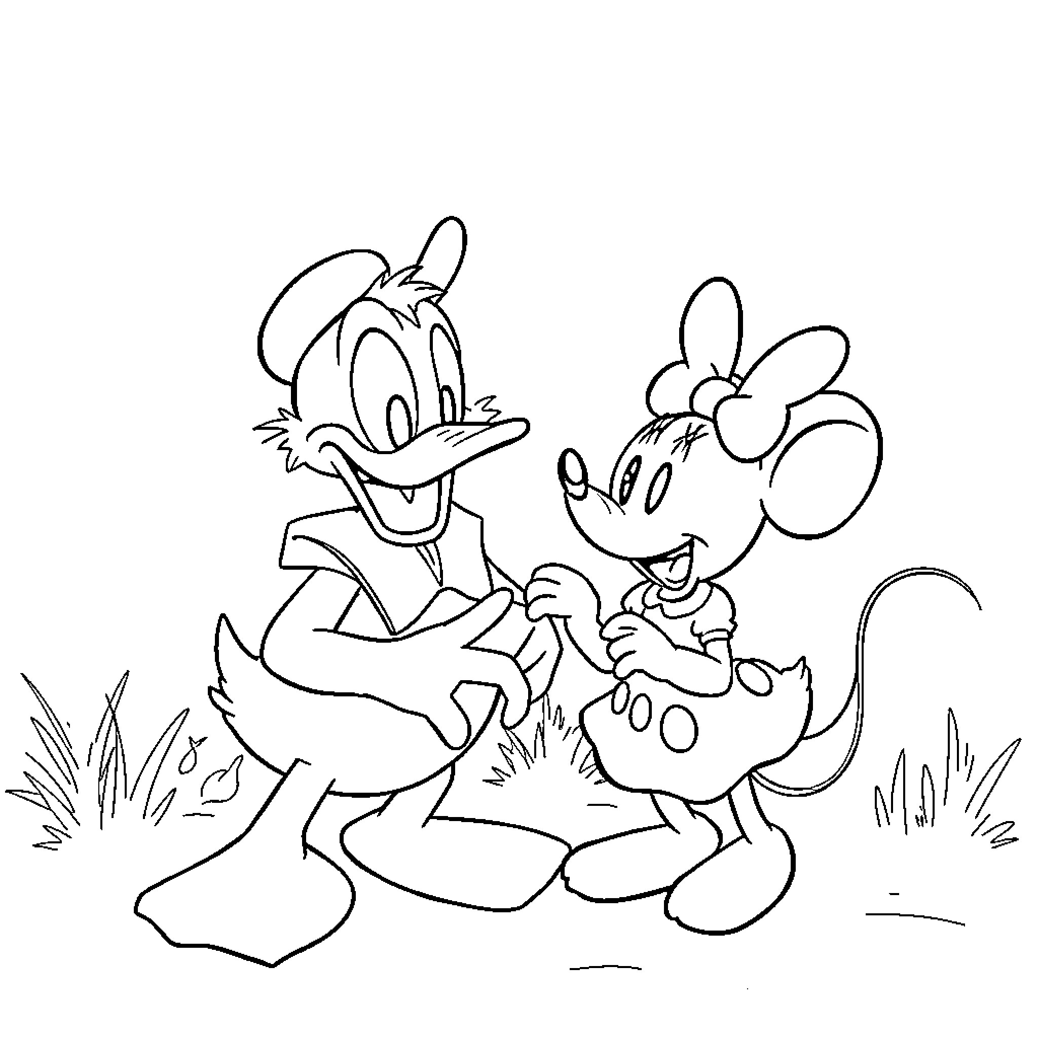Donald Duck and Minnie Mouse Enjoying Outdoors Coloring Page (free black-and-white line drawing printable PDF for all, from beginners to advanced learners, including children, teens, adults, and seniors)