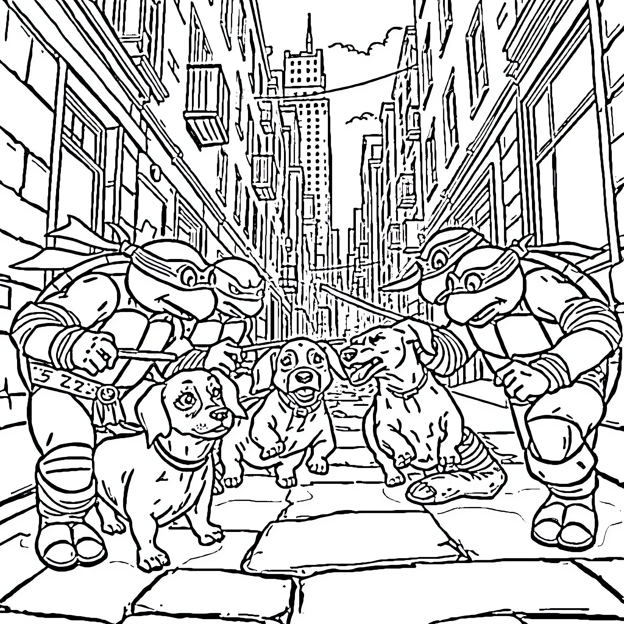 Teenage Mutant Ninja Turtles in the City Streets Coloring Page (free black-and-white line drawing printable PDF for all, from beginners to advanced learners, including children, teens, adults, and seniors)