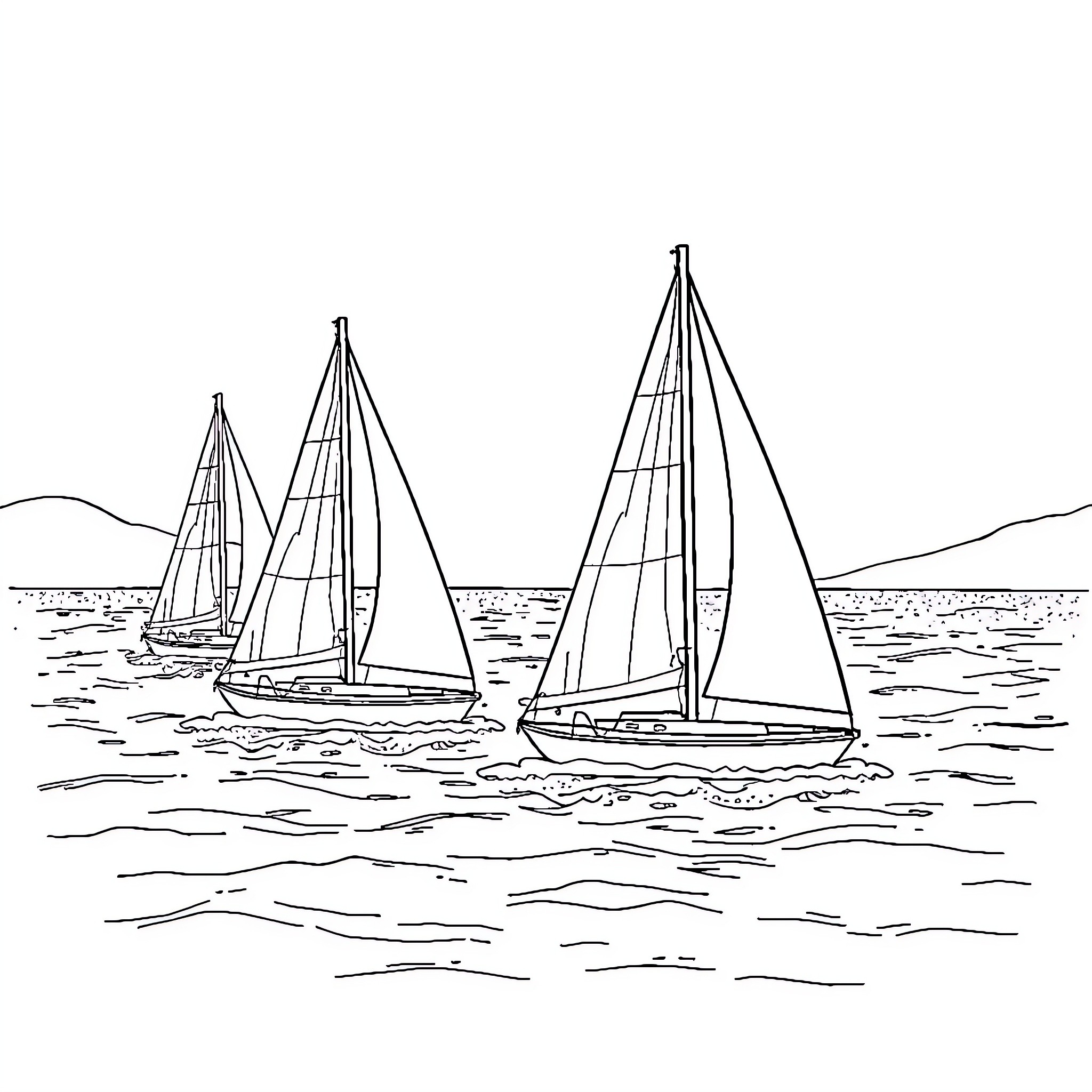 Sail boats cruising across the waves Coloring Page (free black-and-white line drawing printable PDF for all, from beginners to advanced learners, including children, teens, adults, and seniors)