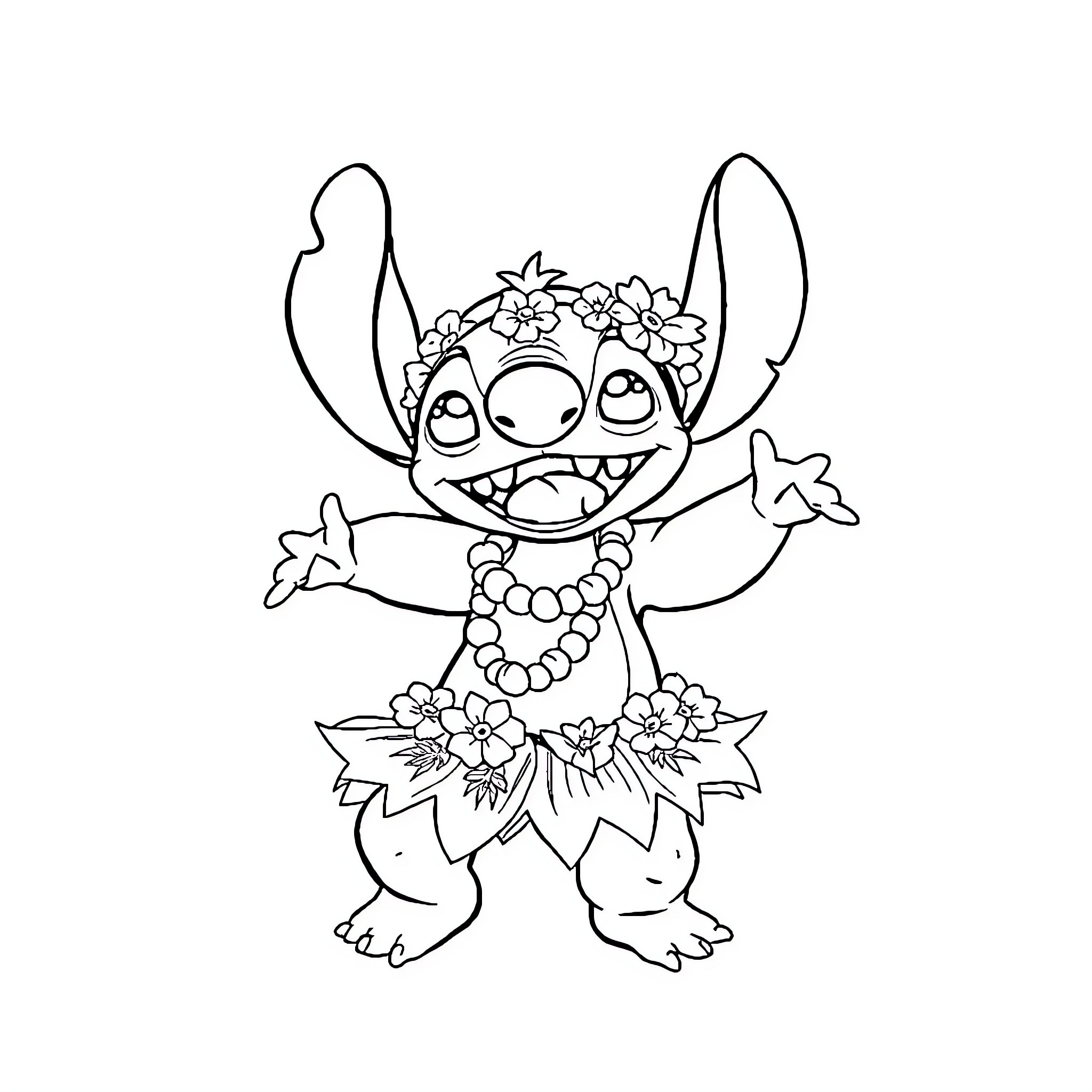 Stitch wearing floral crown and hula skirt Coloring Page (free black-and-white line drawing printable PDF for all, from beginners to advanced learners, including children, teens, adults, and seniors)