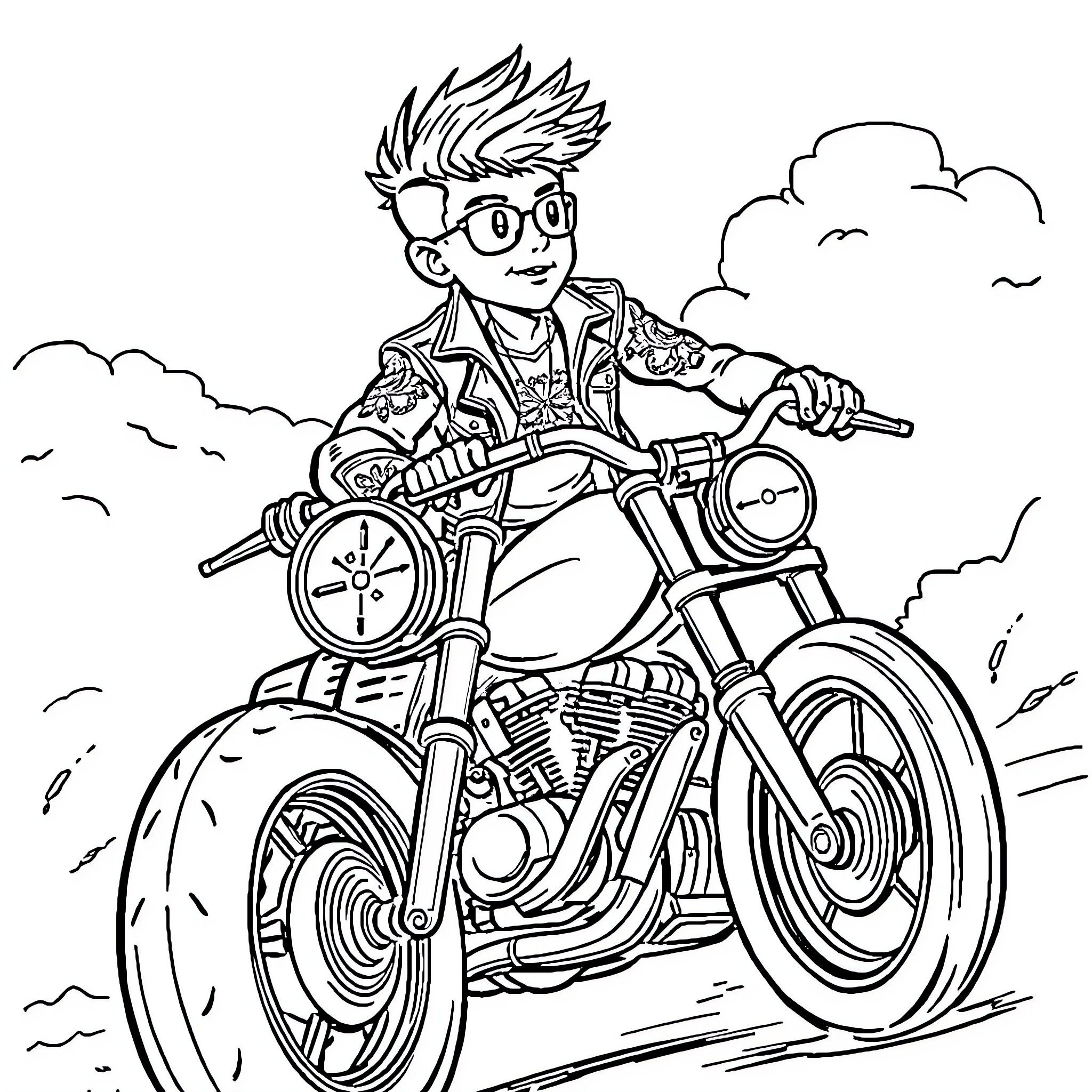 Biker Boy Cruising on a Motorcycle Coloring Page (free black-and-white line drawing printable PDF for all, from beginners to advanced learners, including children, teens, adults, and seniors)