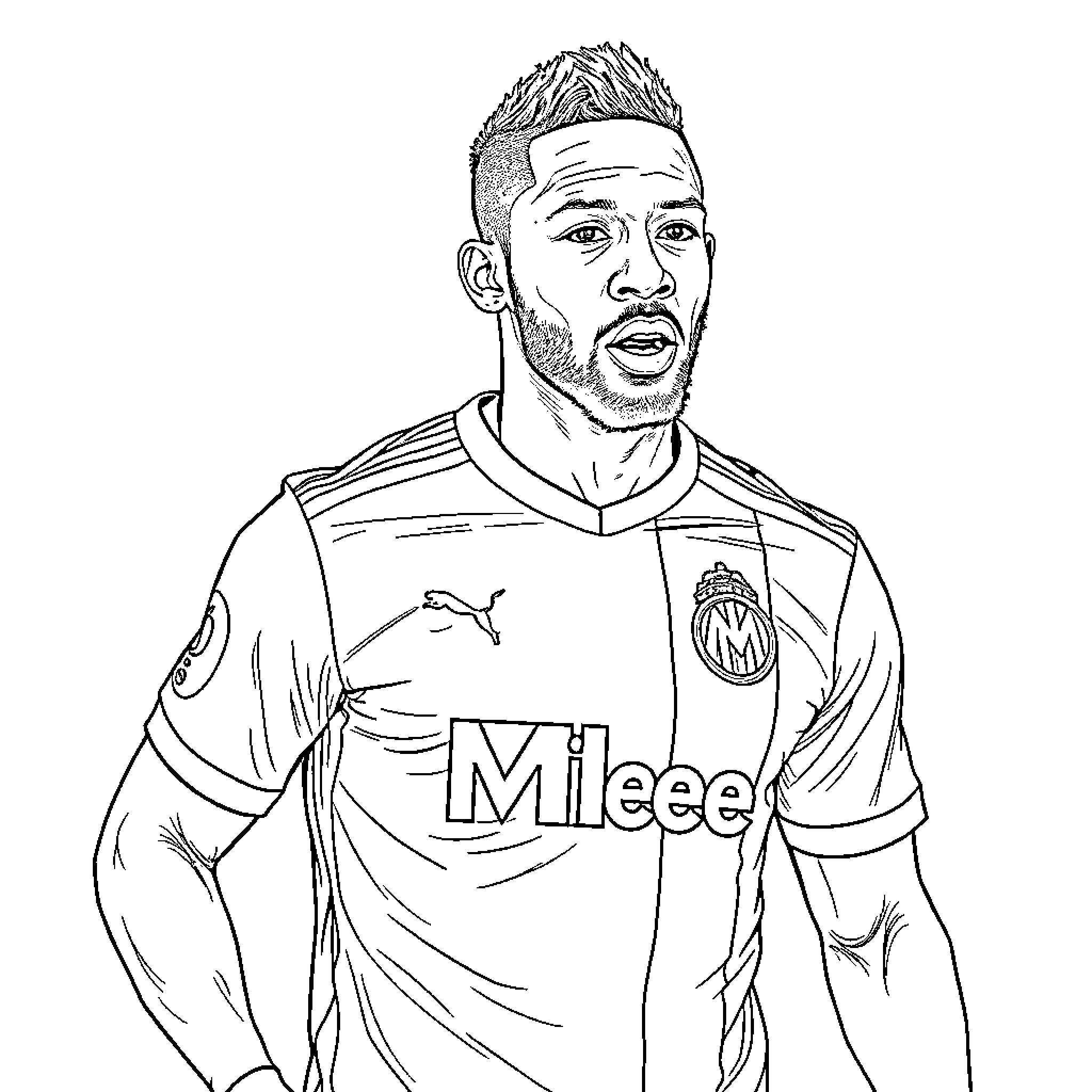 Mbappe in soccer jersey posing confidently Coloring Page (free black-and-white line drawing printable PDF for all, from beginners to advanced learners, including children, teens, adults, and seniors)