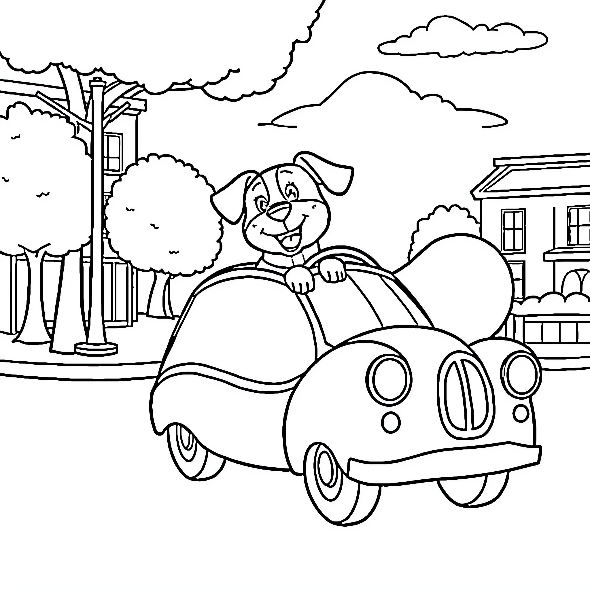 Dog driving a funny car on the street Coloring Page (free black-and-white line drawing printable PDF for all, from beginners to advanced learners, including children, teens, adults, and seniors)