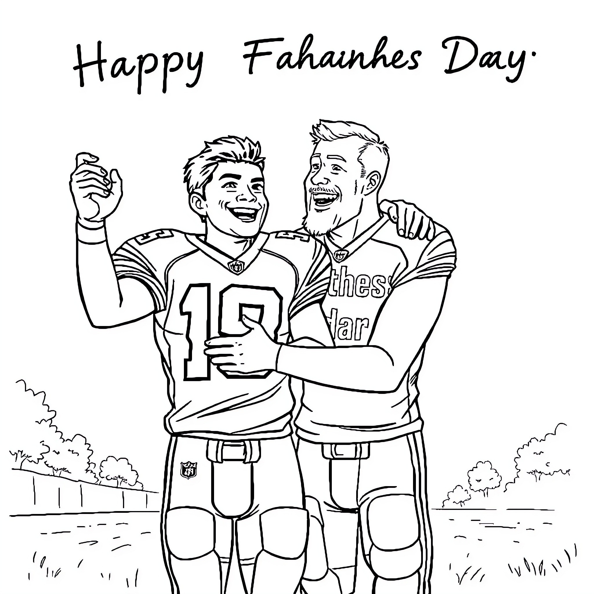 Football Players Celebrating Happy Faanhes Day Coloring Page (free black-and-white line drawing printable PDF for all, from beginners to advanced learners, including children, teens, adults, and seniors)