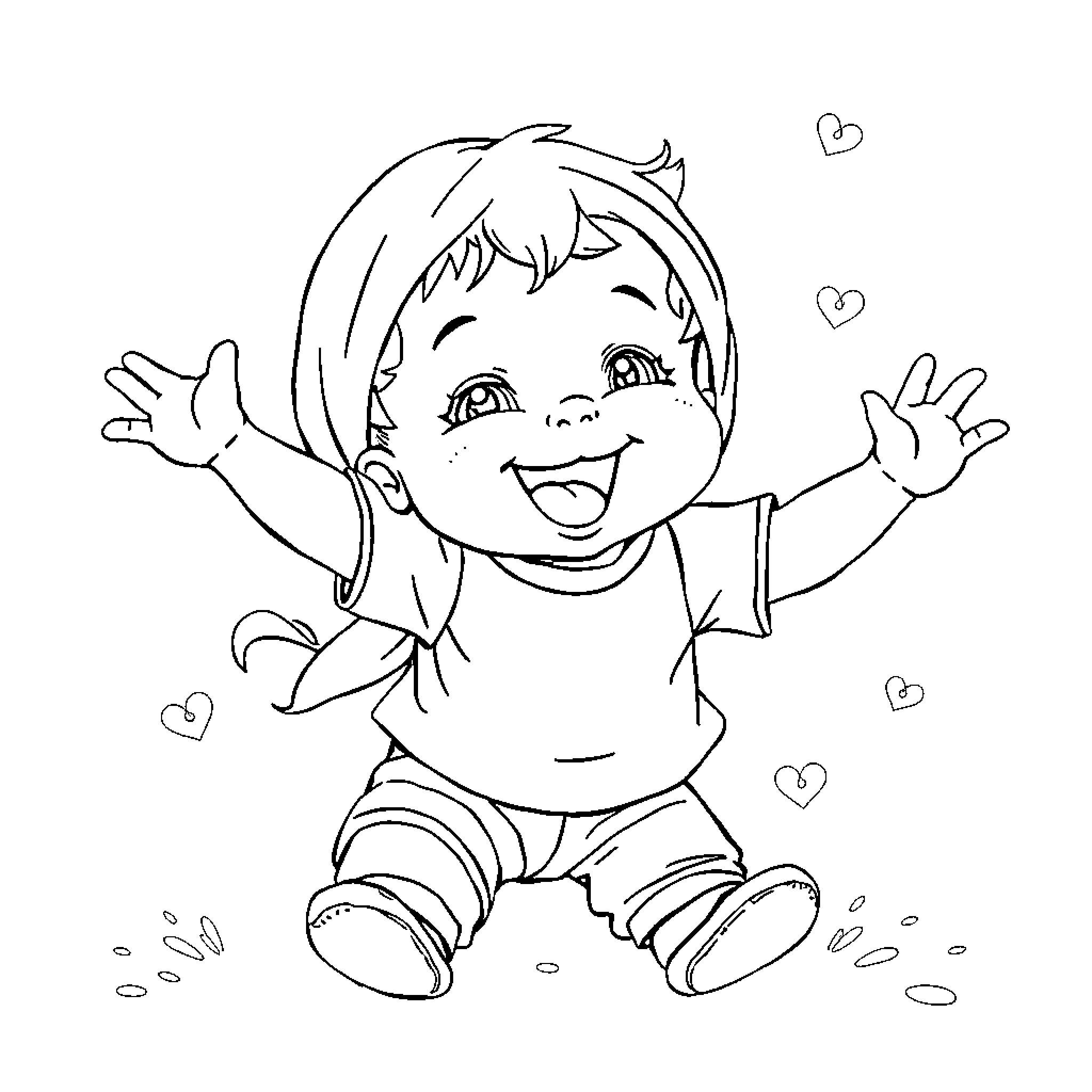 Baby joyfully playing and smiling Coloring Page (free black-and-white line drawing printable PDF for all, from beginners to advanced learners, including children, teens, adults, and seniors)